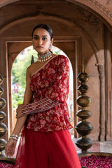 MAROON PRINTED ONE SHOULDER TOP WITH PALAZZO