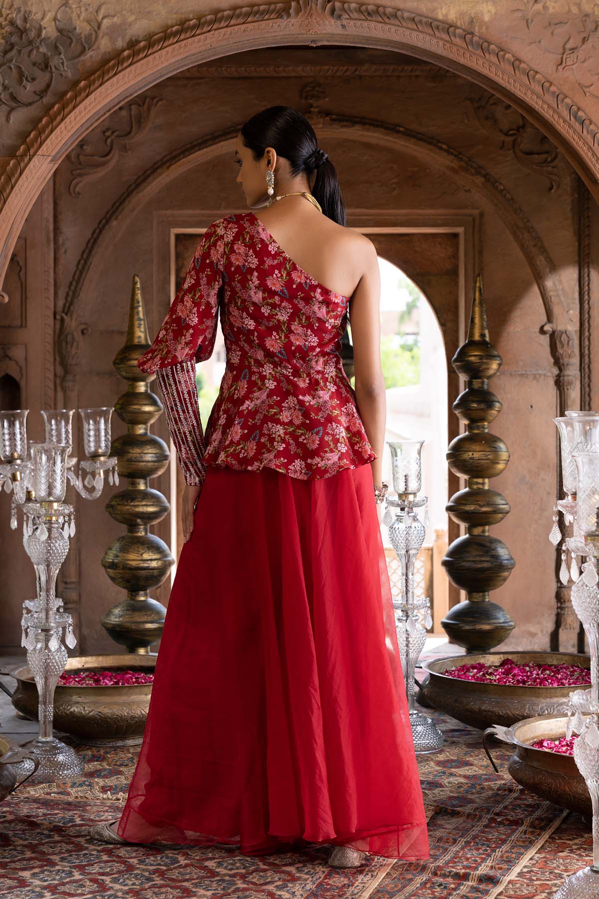 MAROON PRINTED ONE SHOULDER TOP WITH PALAZZO