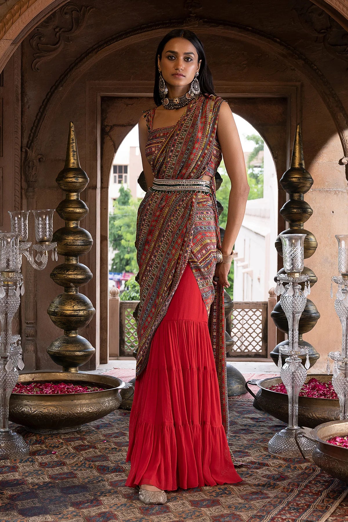 RED PRINTED SHARARA SAREE