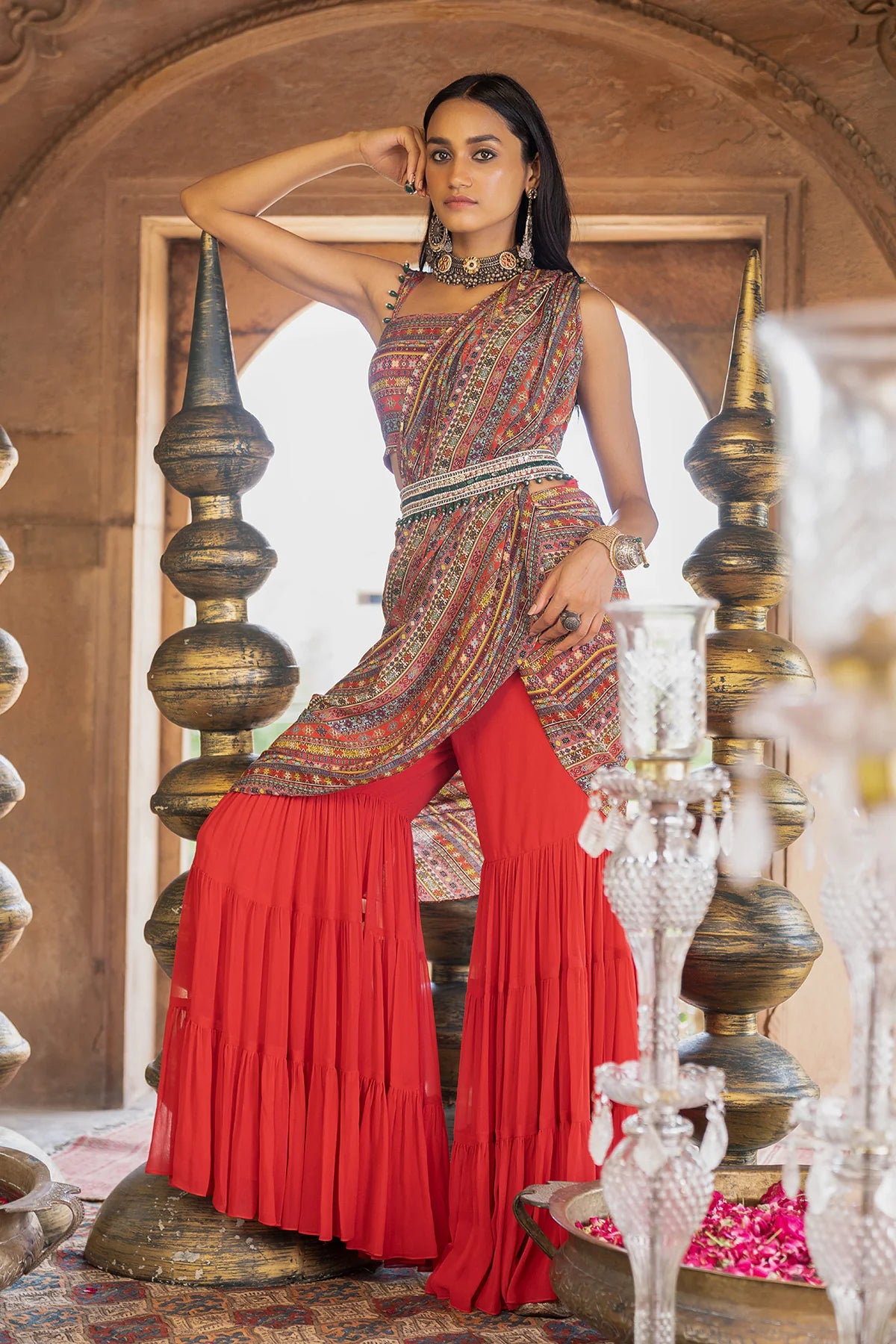 RED PRINTED SHARARA SAREE