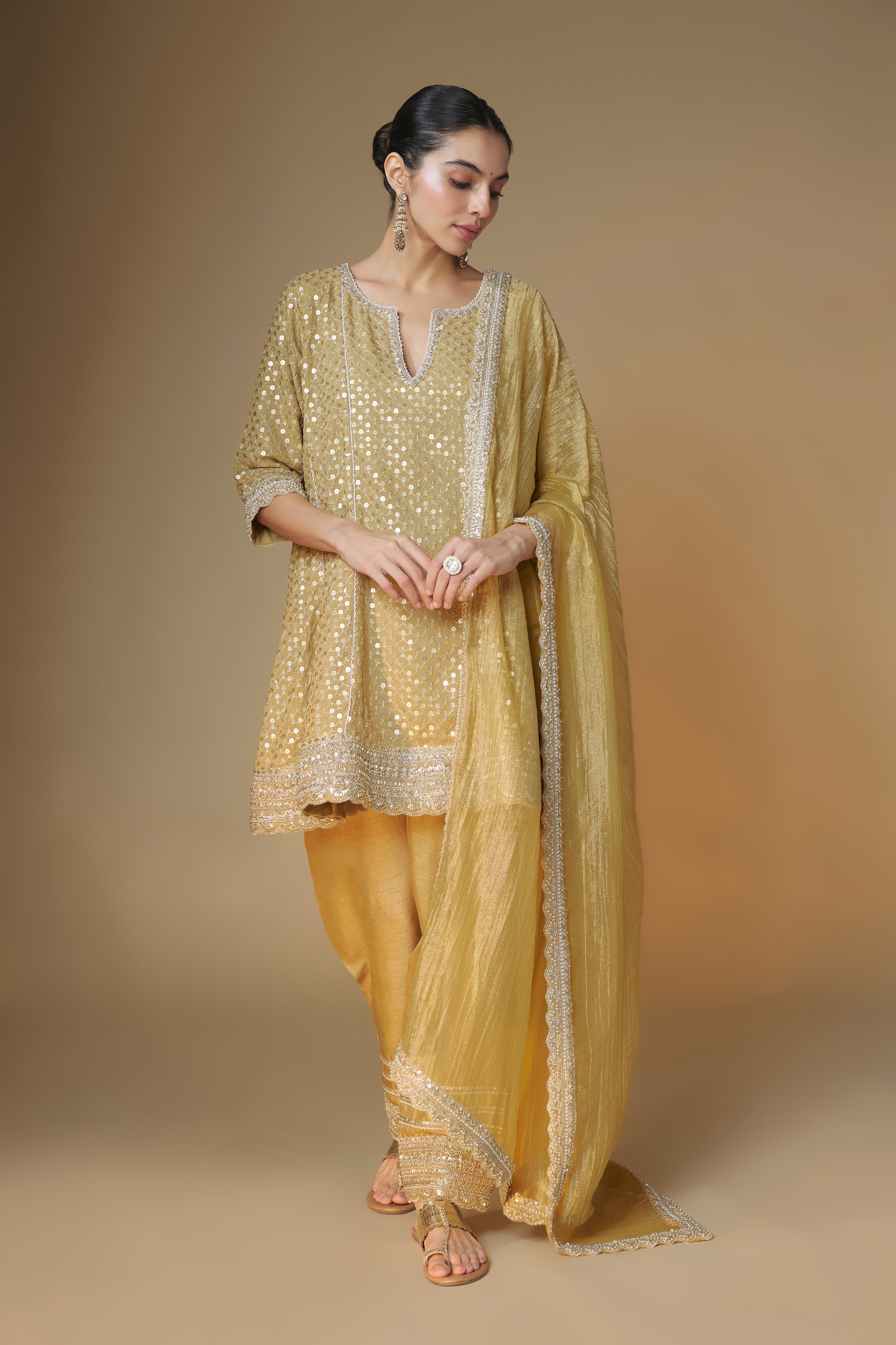 Champagne gold choga kurta and salwar set