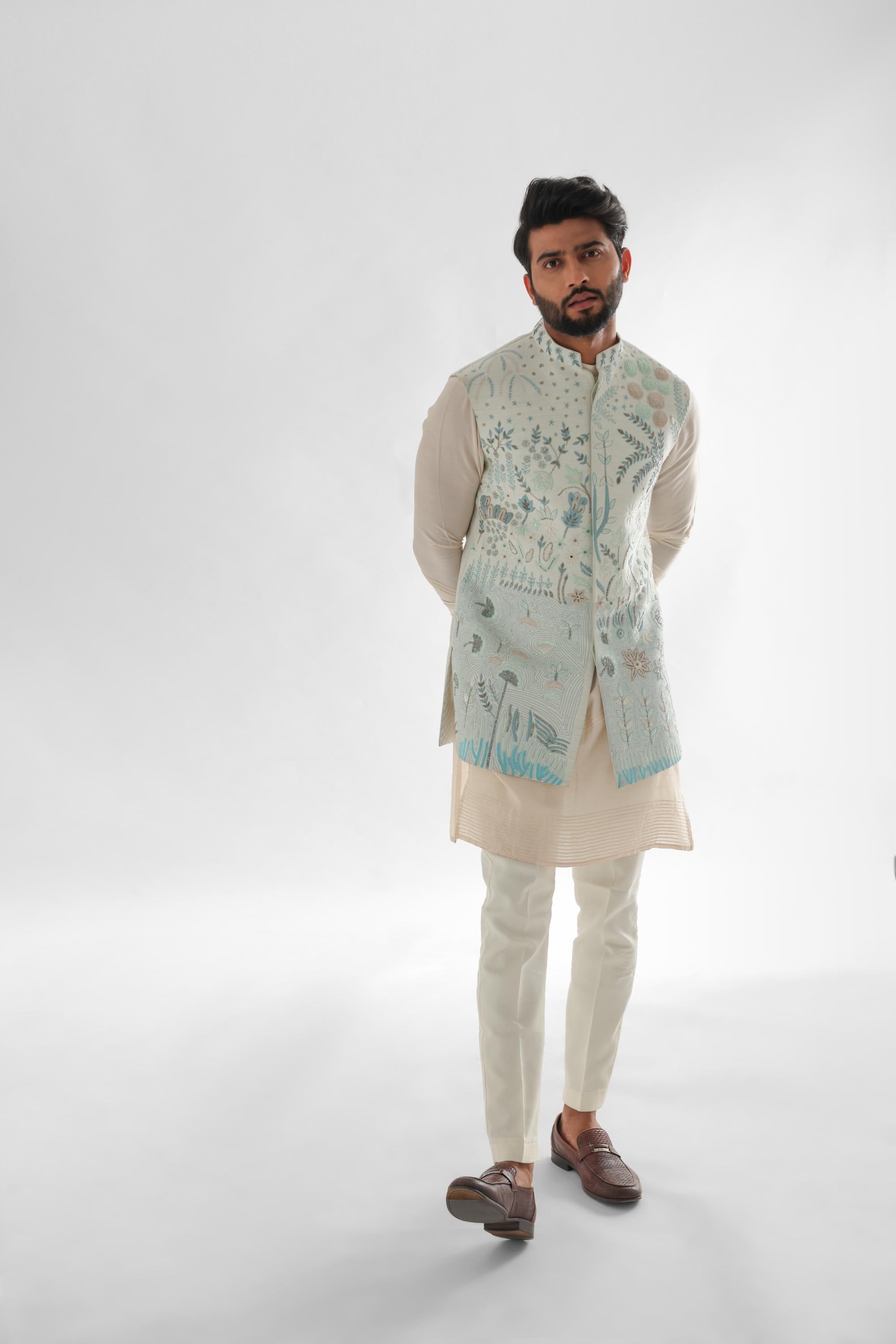 Lotus Lake Light Blue Long Nehru Jacket SET