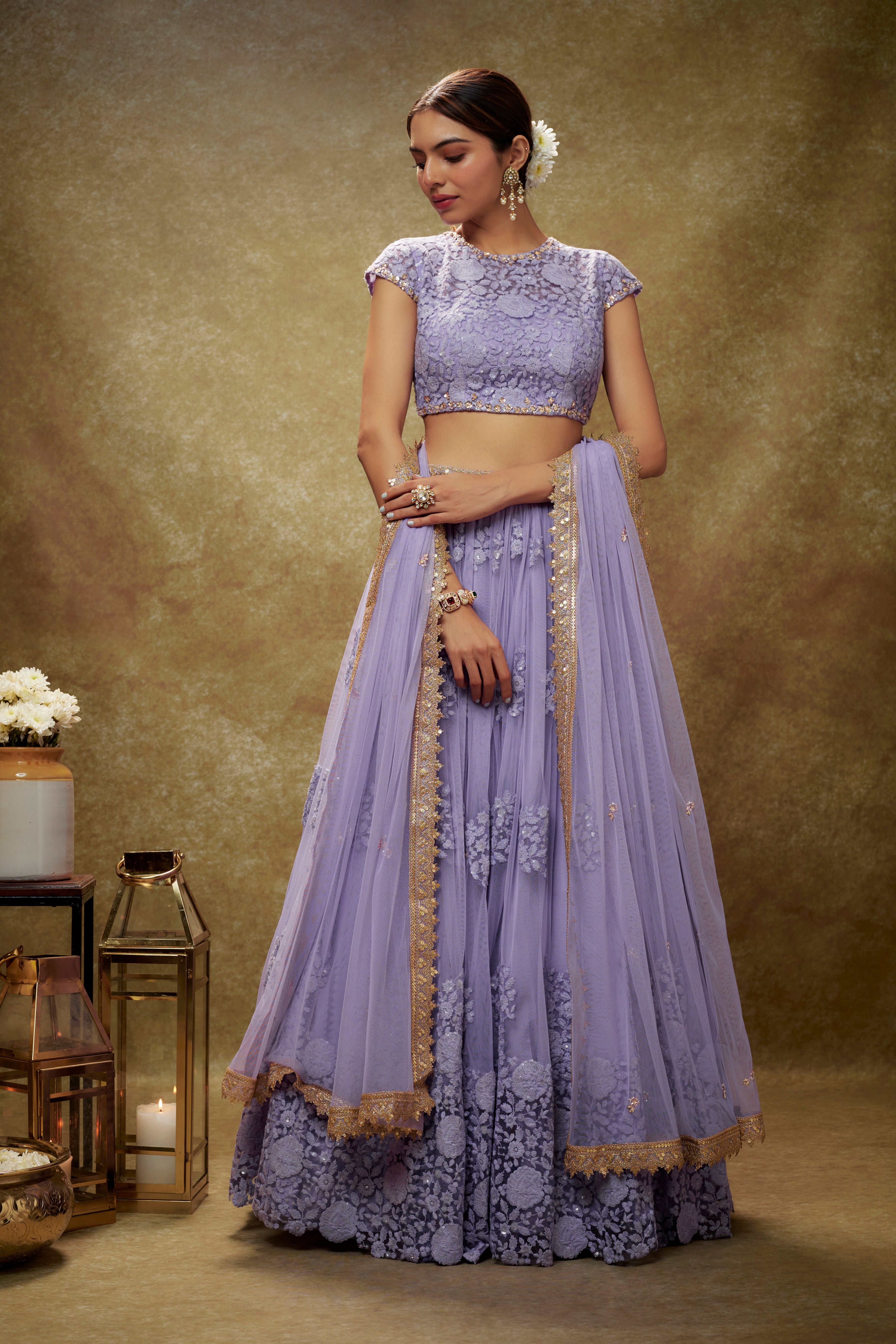 Lavender floral threadwork lehenga set