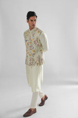 Hawk Light Yellow Nehru Jacket Embroidered