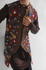 Cosmos Chocolate Brown Long Nehru SET
