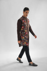 Cosmos Chocolate Brown Long Nehru SET