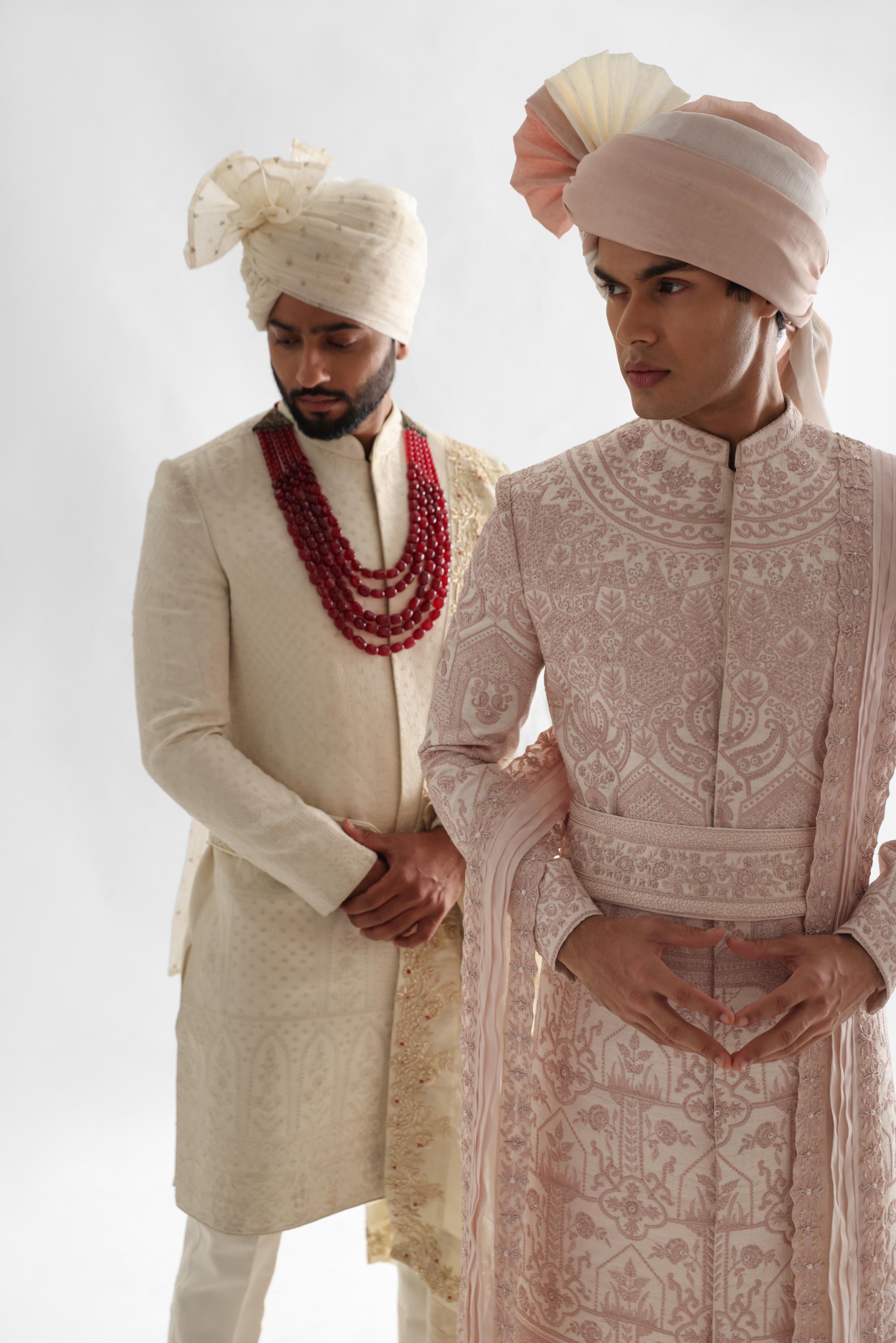 Powder Pink Sherwani Set With Intricate Threadwork