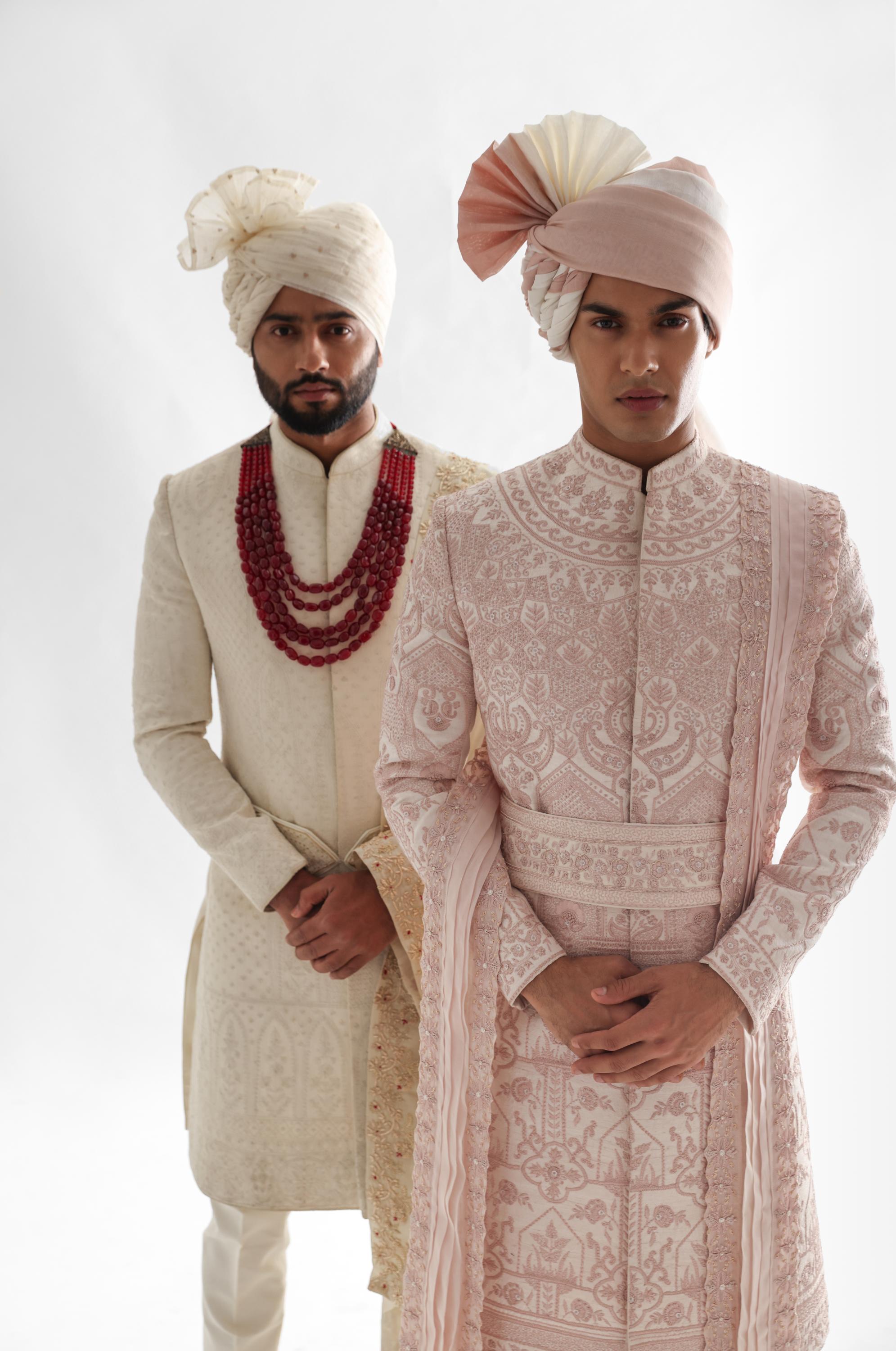 Powder Pink Sherwani Set With Intricate Threadwork