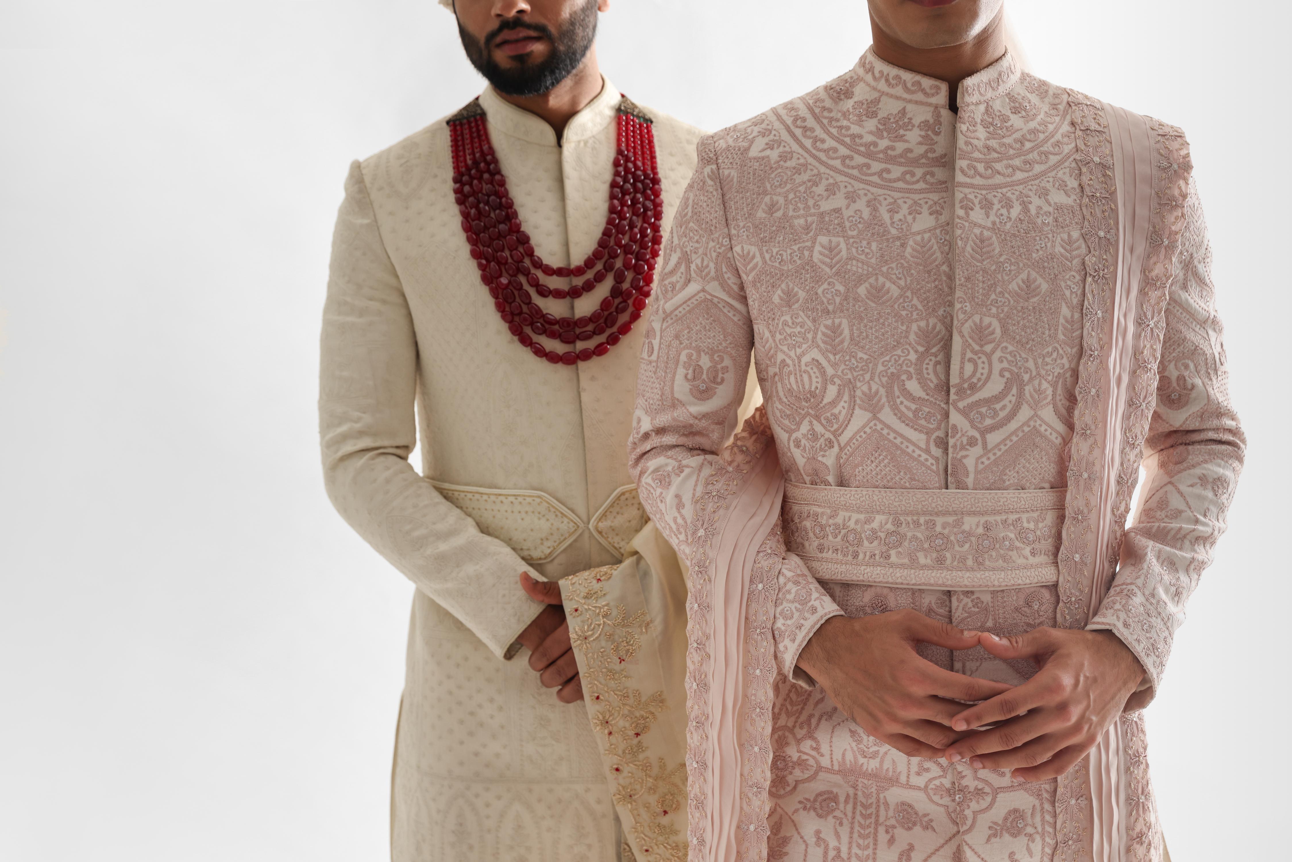 Powder Pink Sherwani Set With Intricate Threadwork