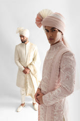 Powder Pink Sherwani Set With Intricate Threadwork