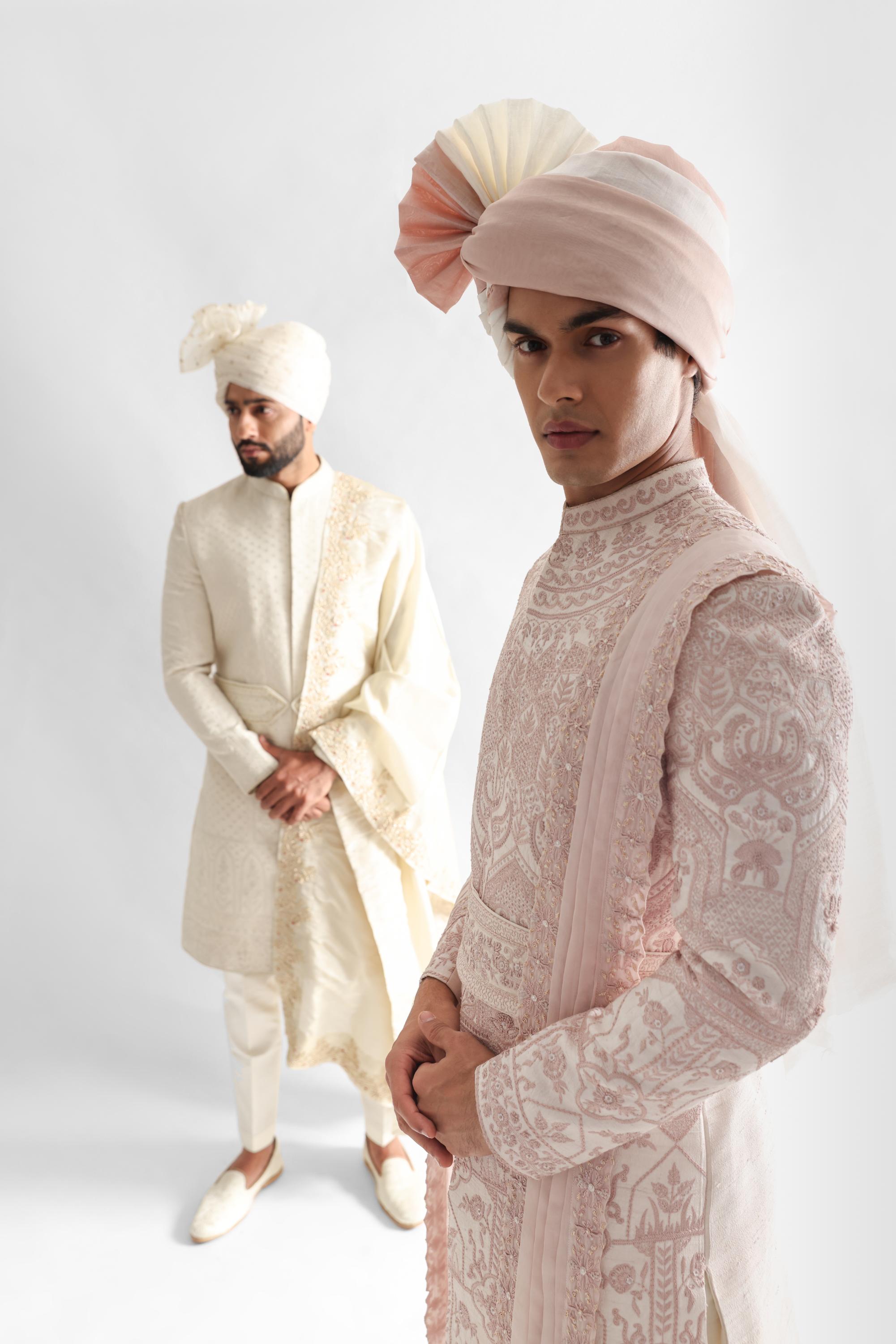 Powder Pink Sherwani Set With Intricate Threadwork