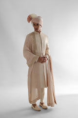 Peach Sherwani Set With Allover Dori Work Embroidery