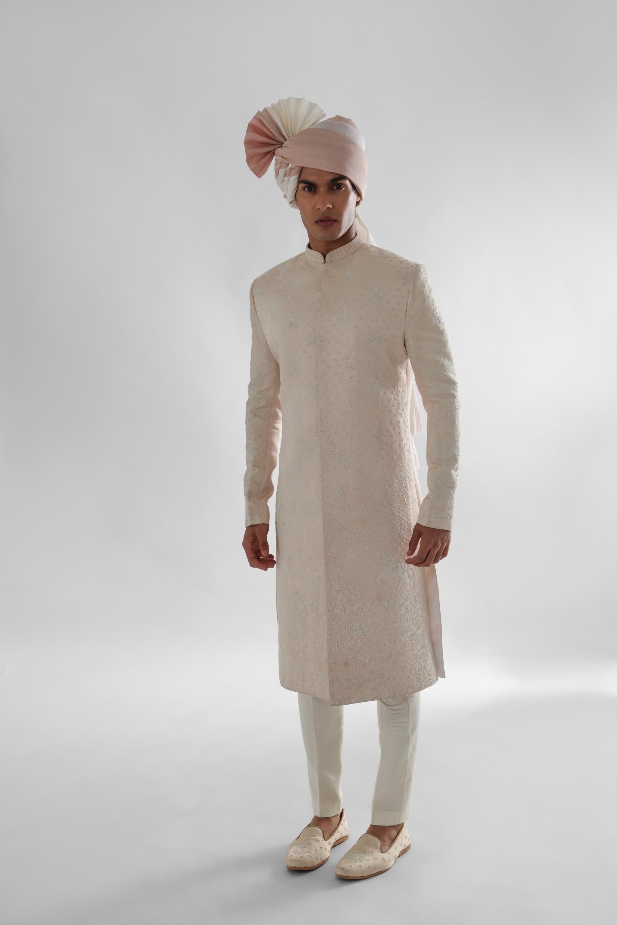 Peach Sherwani Set With Allover Dori Work Embroidery
