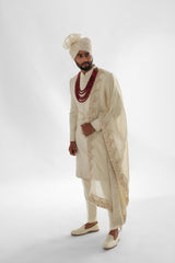 Ivory sherwani set with allover dori work embroidery