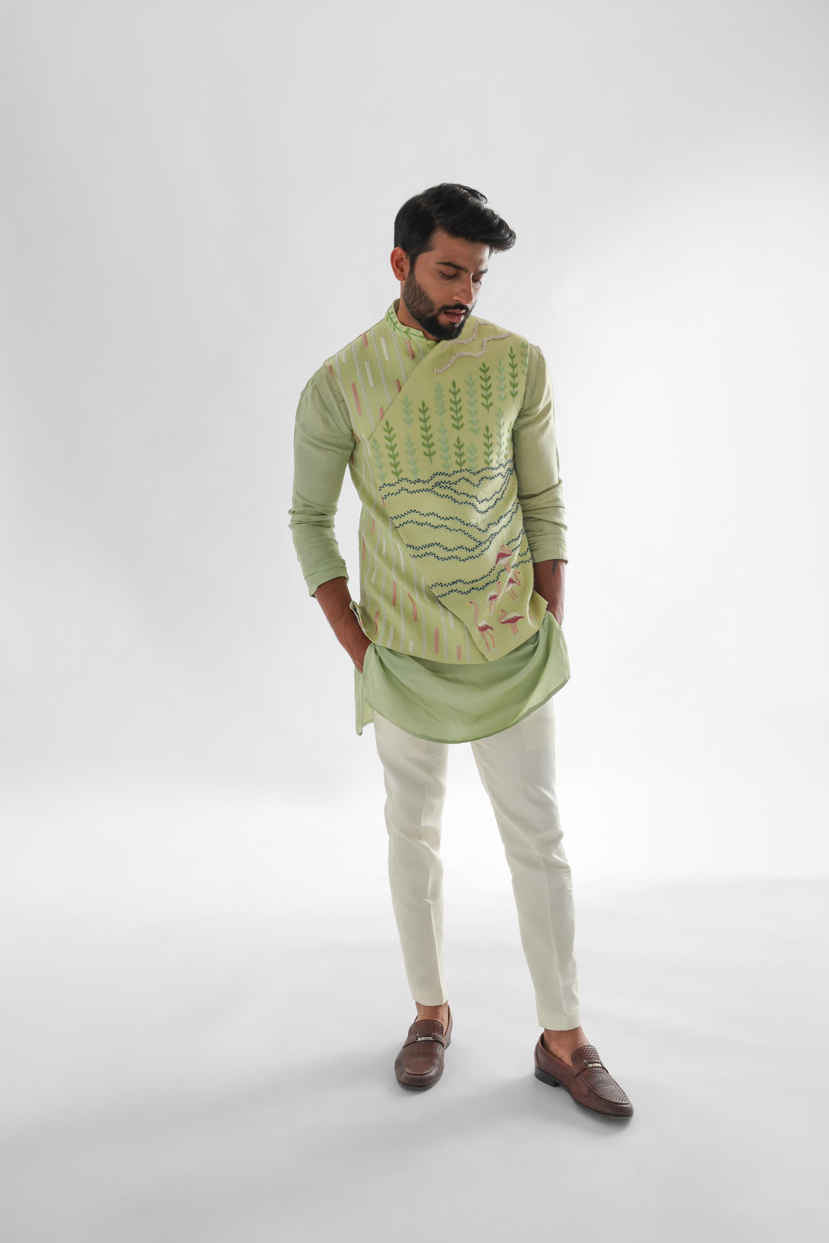 Flamingo Mint Green Assymetric Nehru Jacket Kurta
