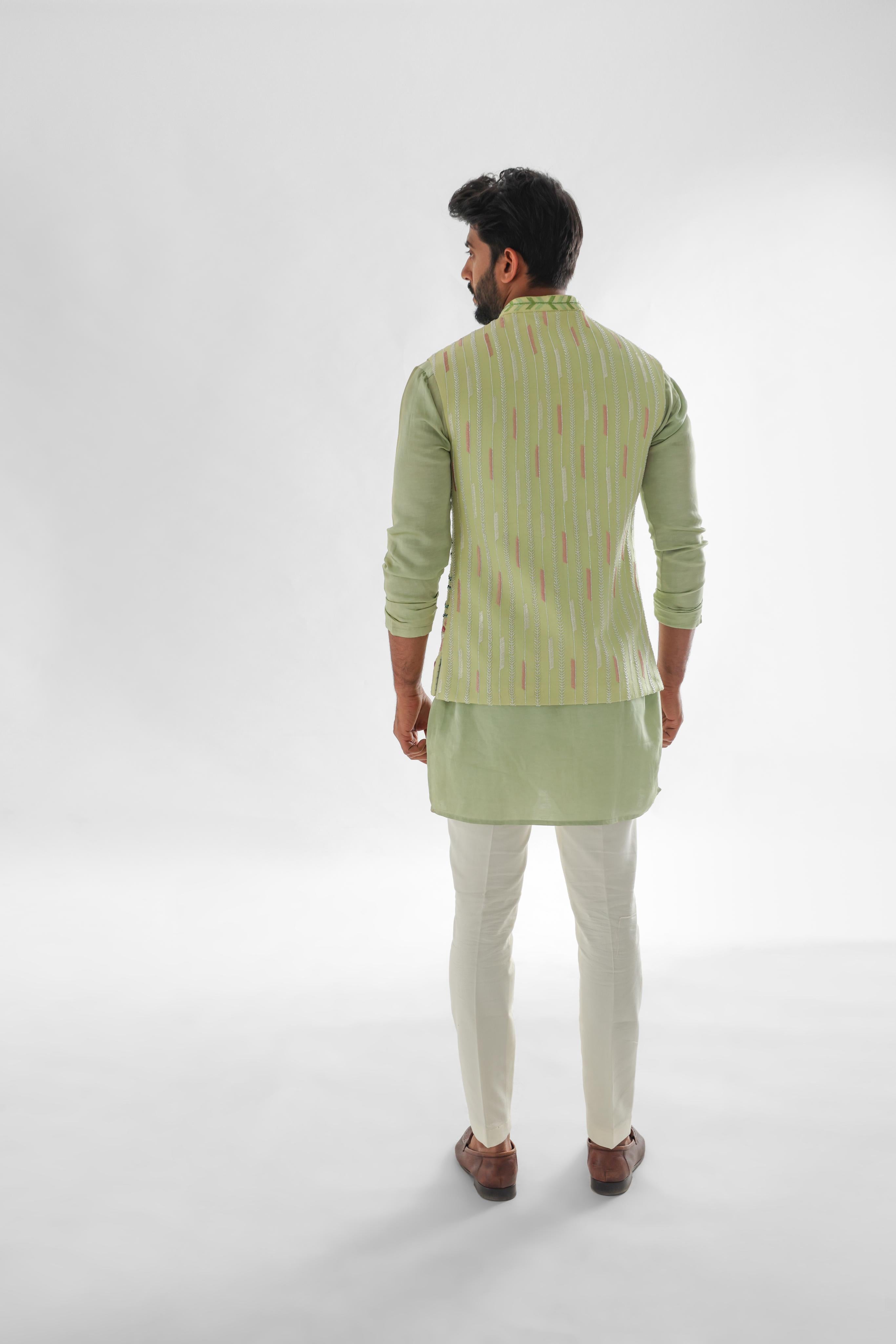 Flamingo Mint Green Assymetric Nehru Jacket Kurta
