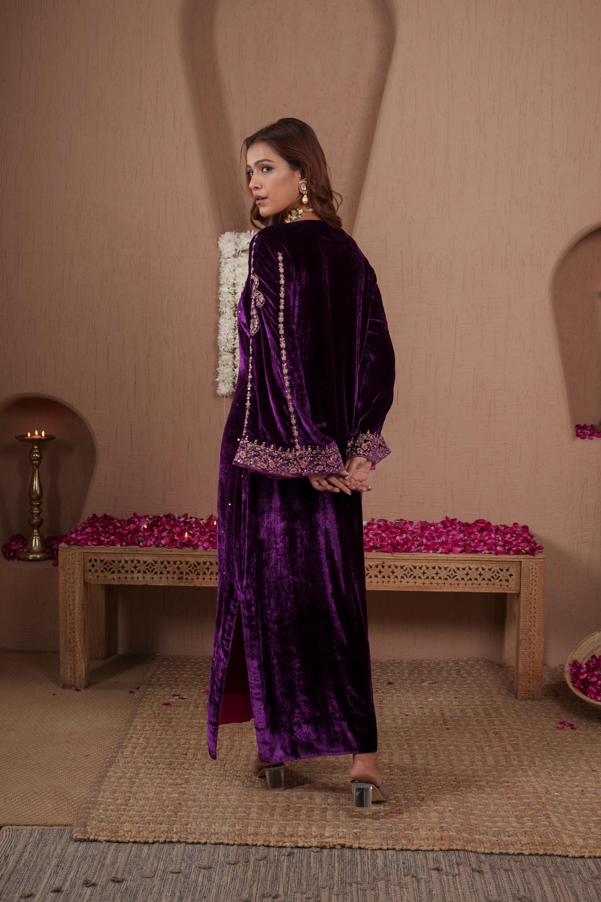 AFREEN: Purple Embroidered Kaftaan Dress