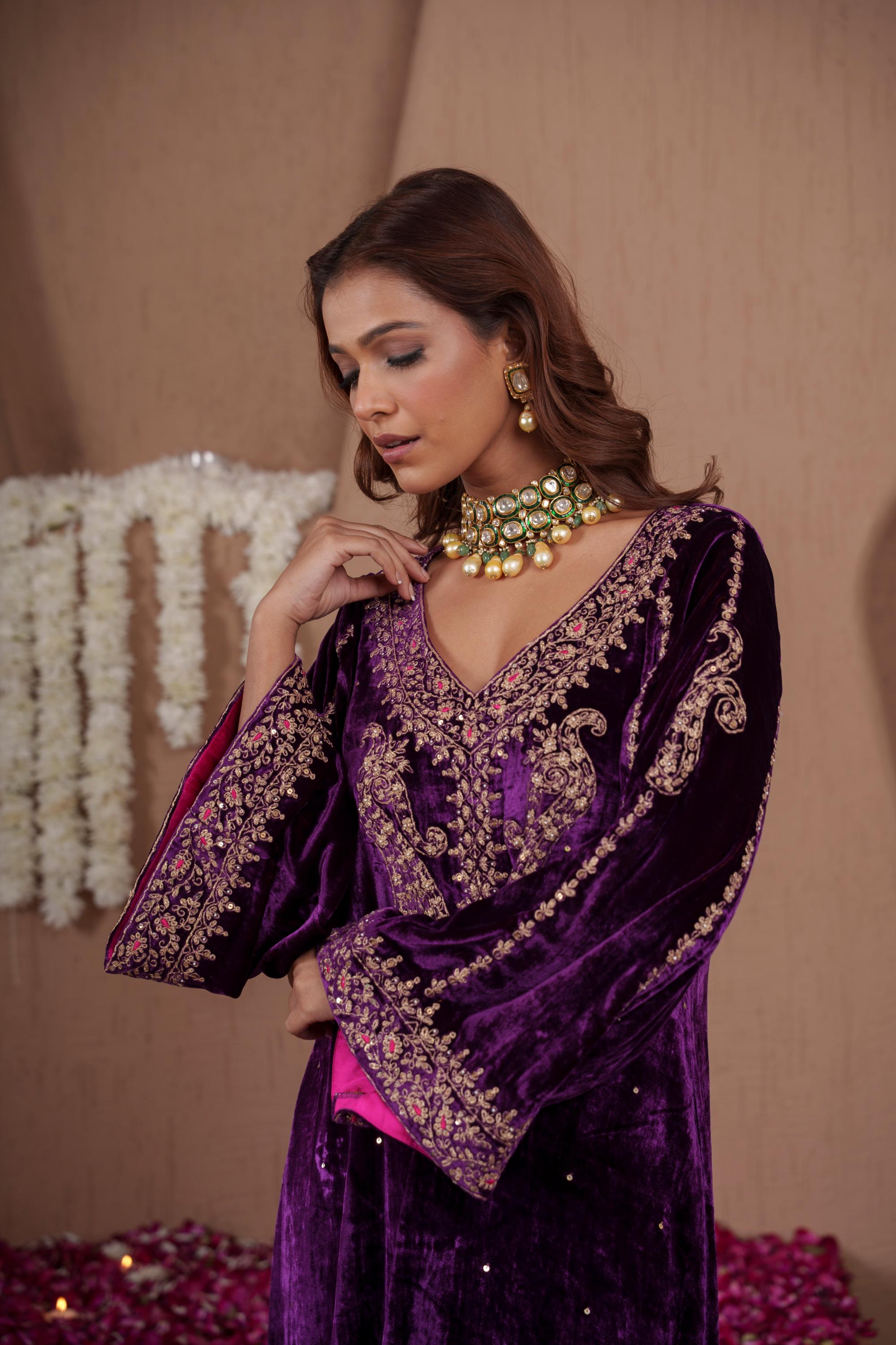 AFREEN: Purple Embroidered Kaftaan Dress