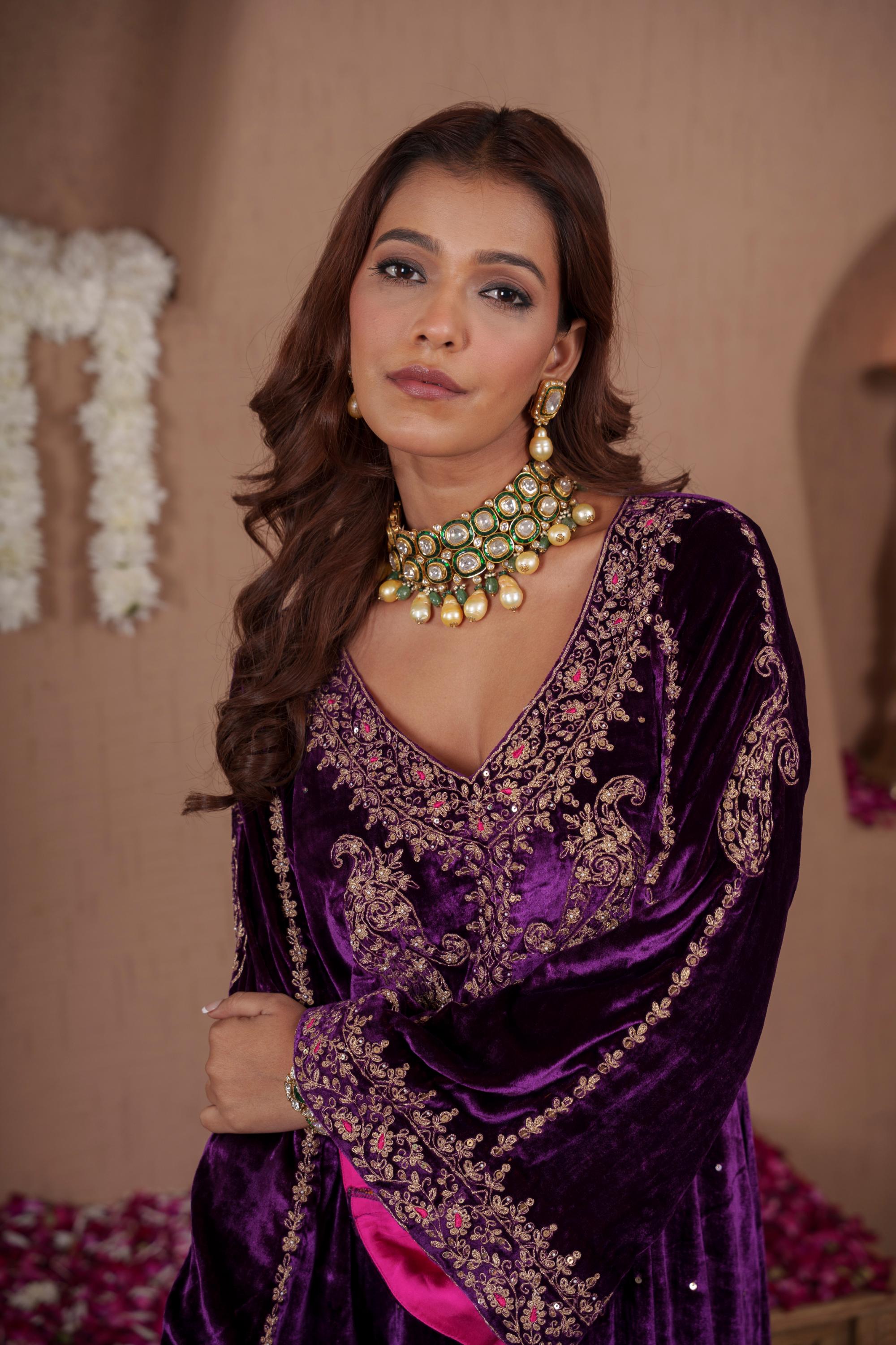 AFREEN: Purple Embroidered Kaftaan Dress