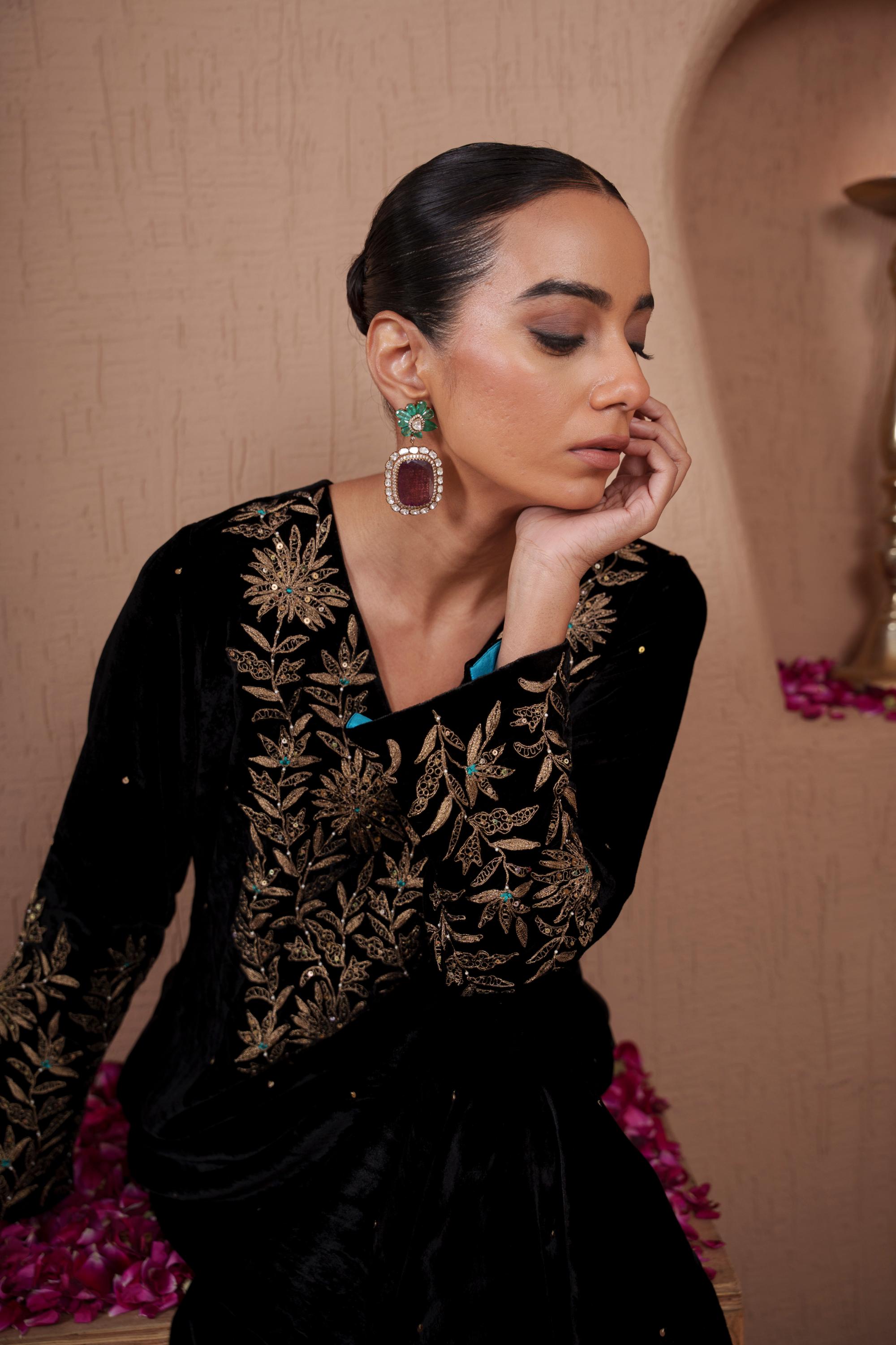 AFREEN: Black Embroidered Kaftaan Dress