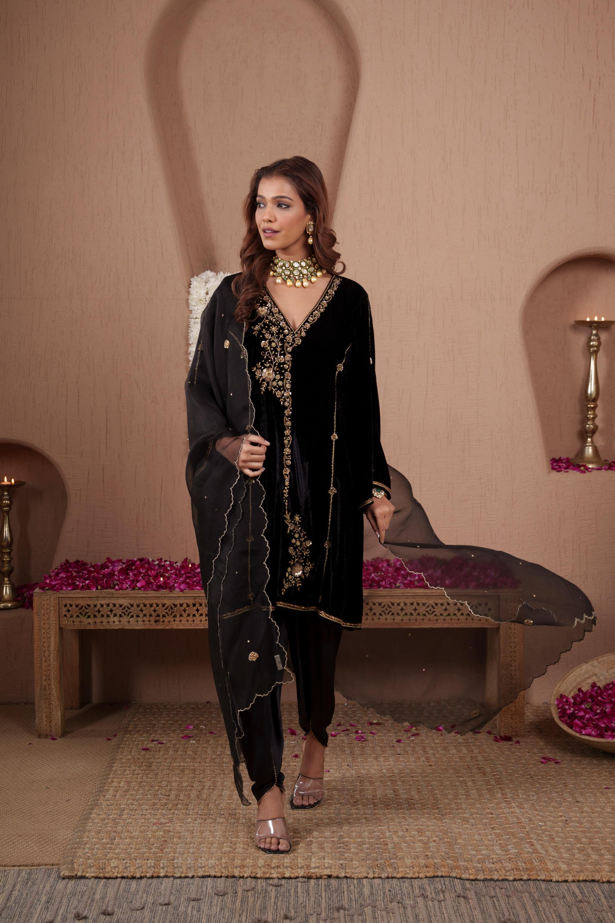 AFREEN:Black Embroidered Kurta Dhoti Set