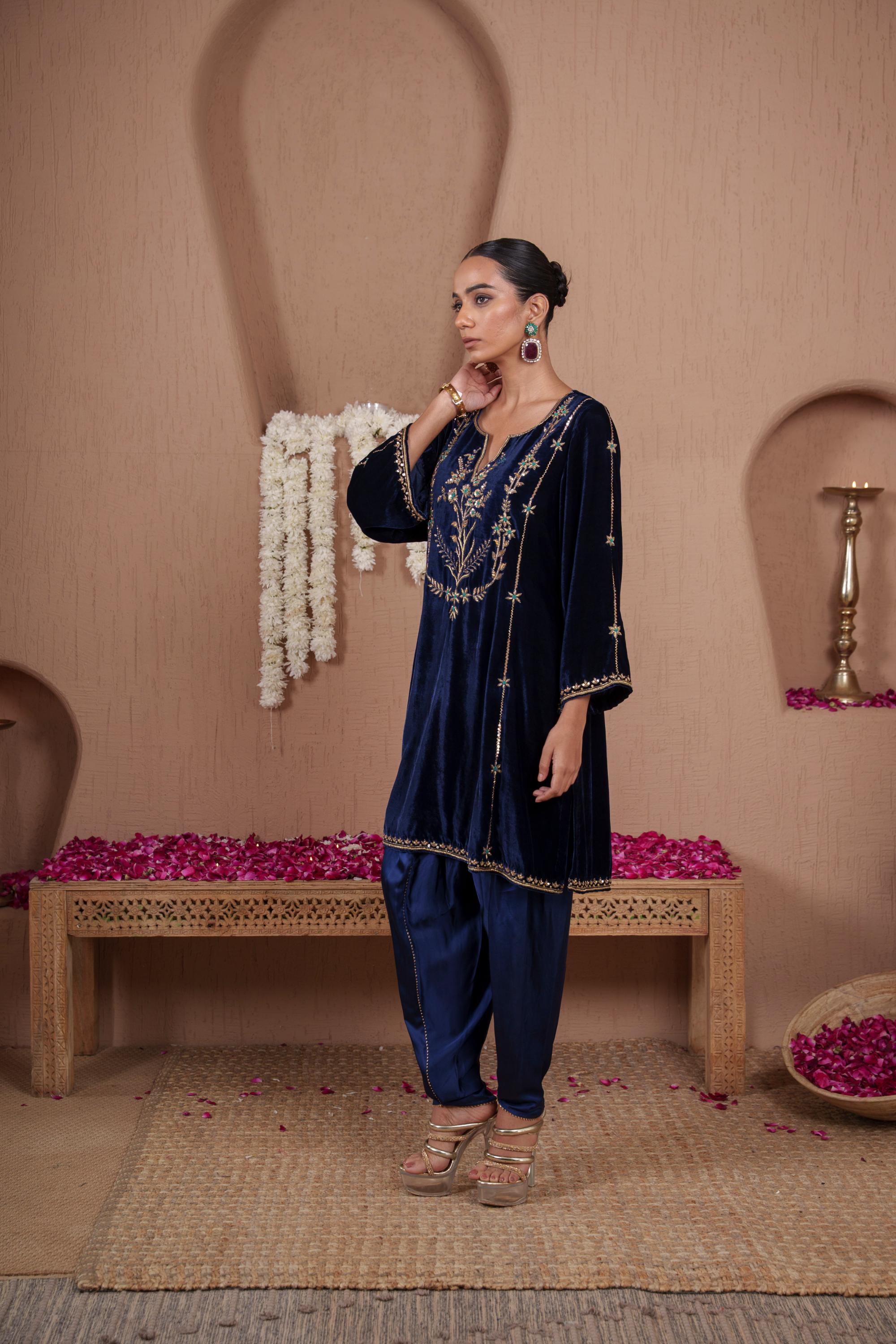 AFREEN: Blue Embroidered Kurta Dhoti Set