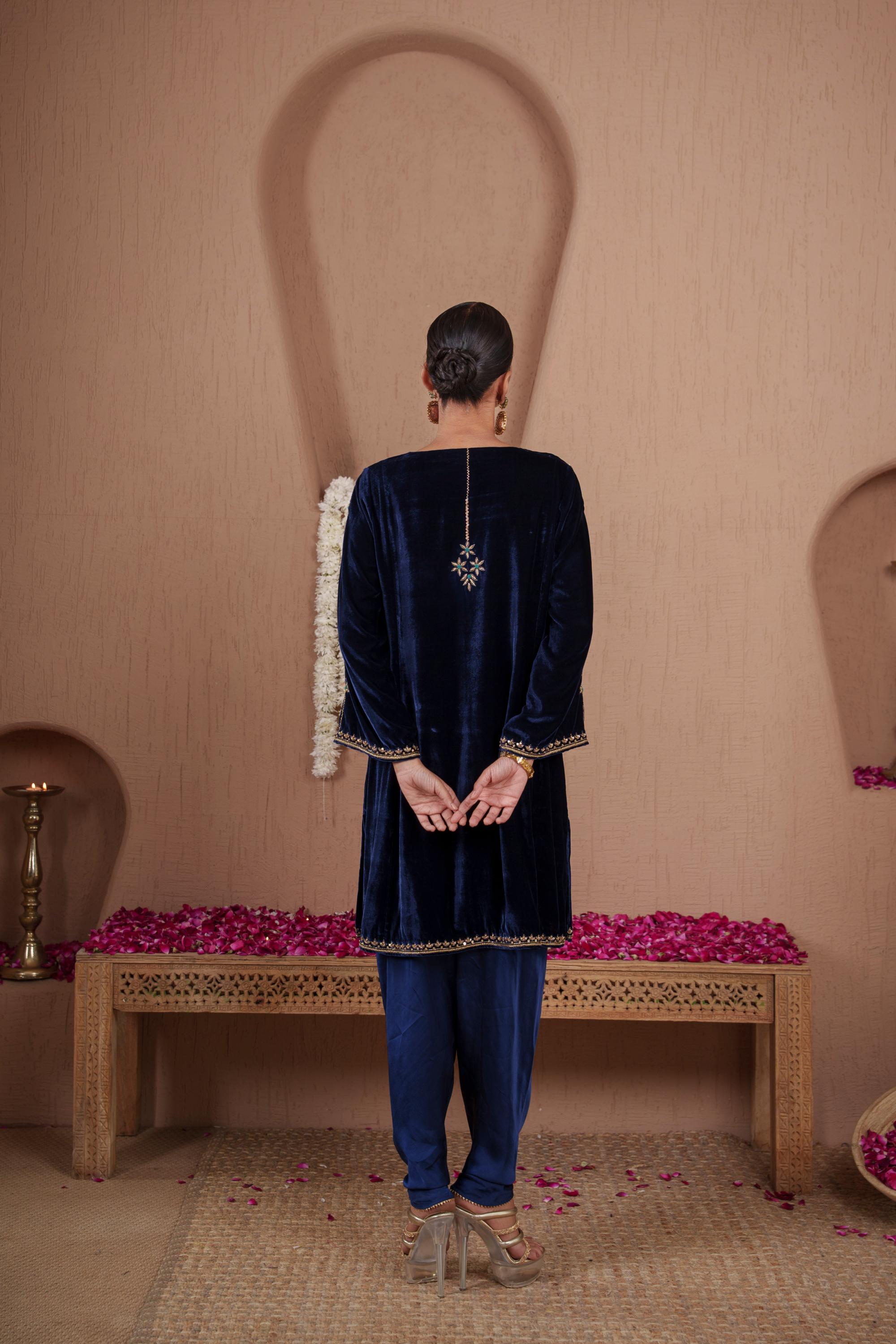 AFREEN: Blue Embroidered Kurta Dhoti Set