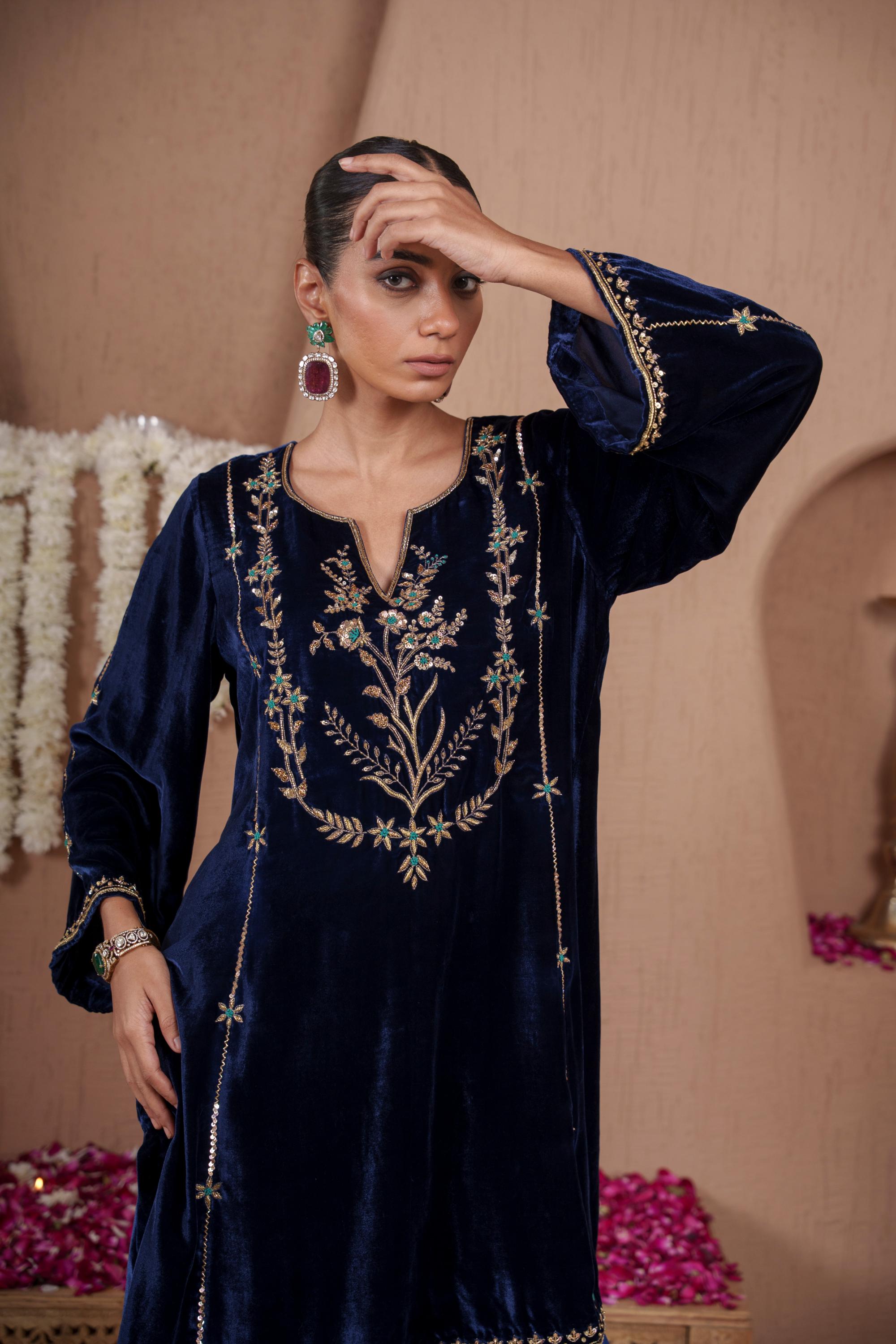 AFREEN: Blue Embroidered Kurta Dhoti Set