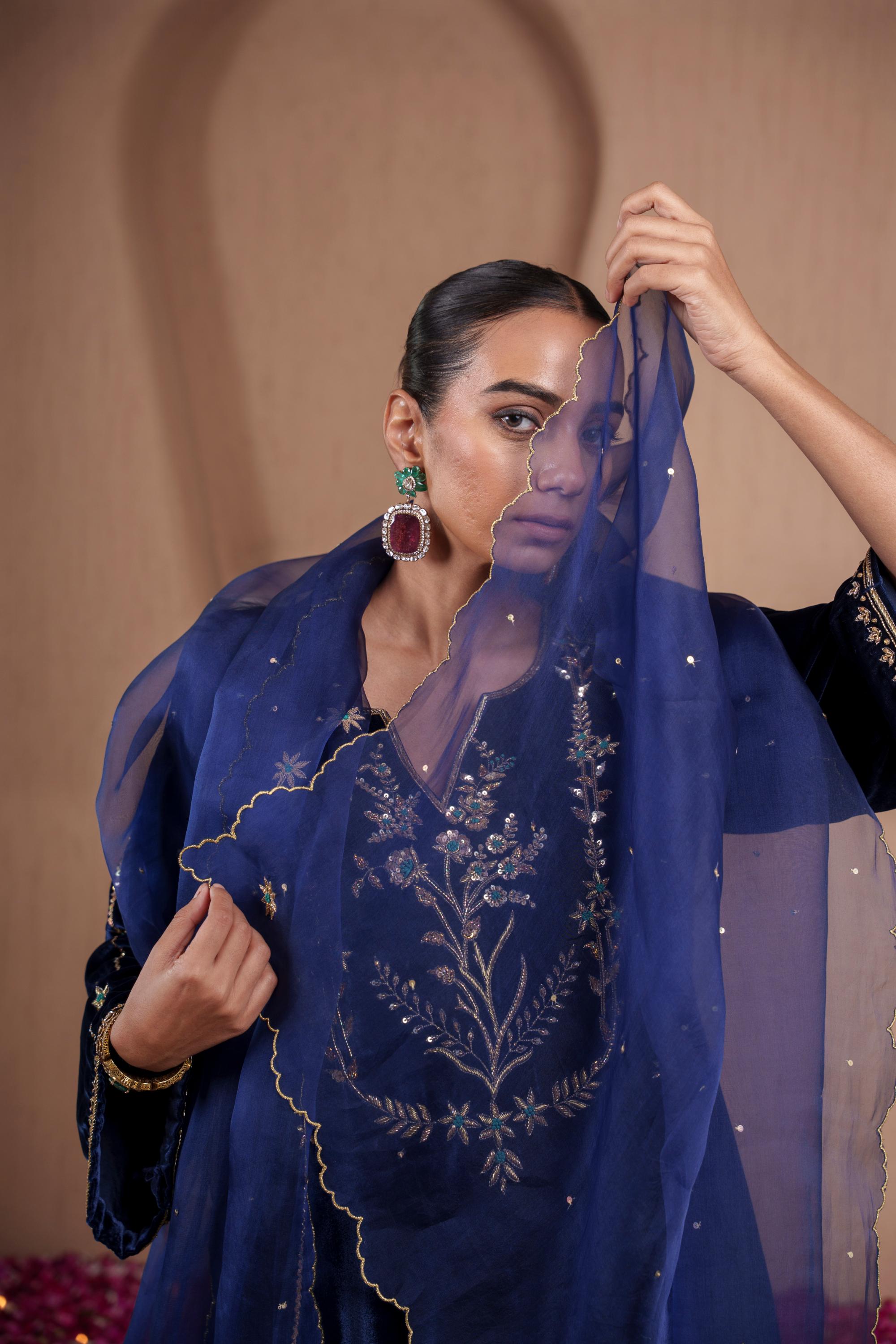 AFREEN: Blue Embroidered Kurta Dhoti Set