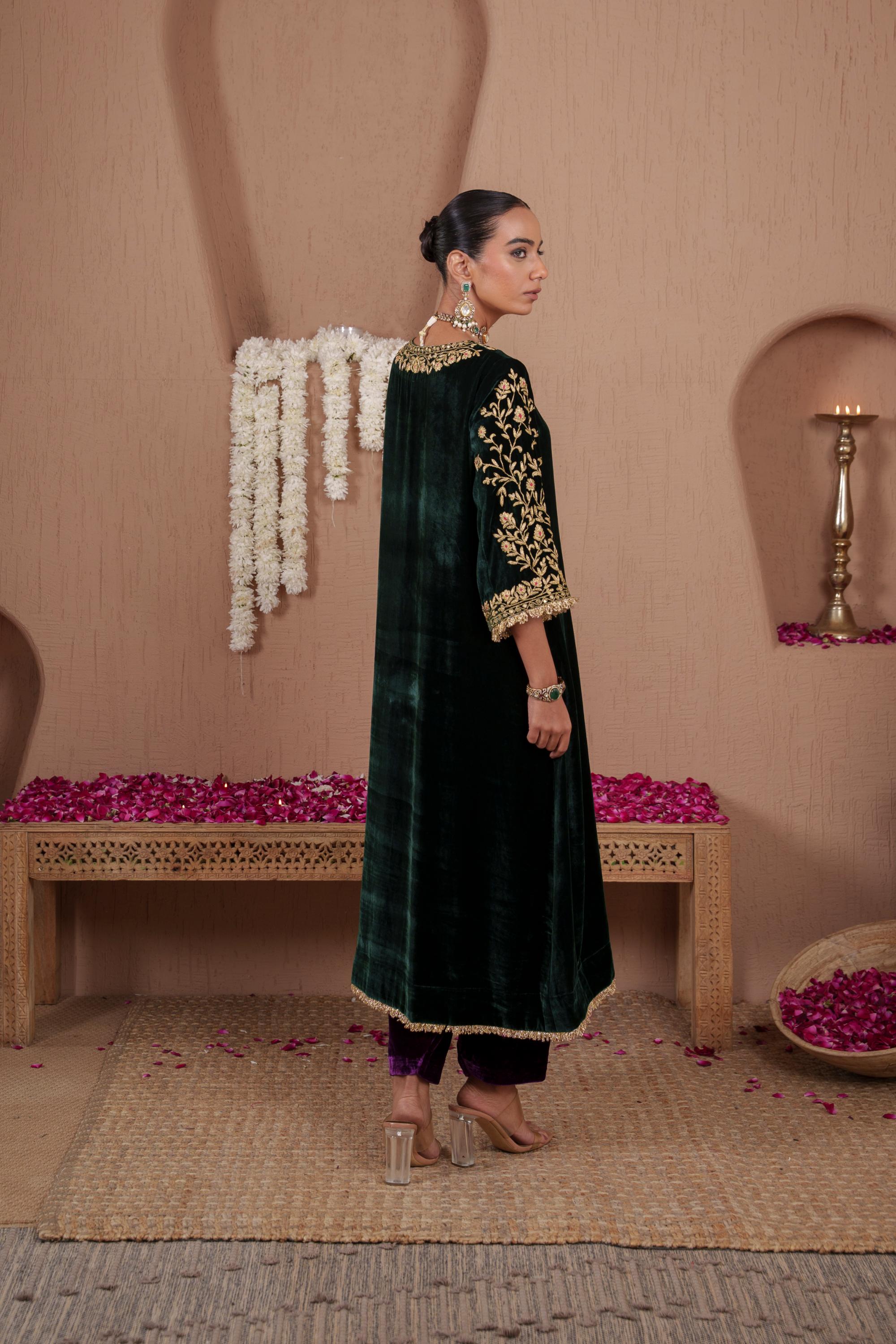 AFREEN: Green Purple Phiran Set