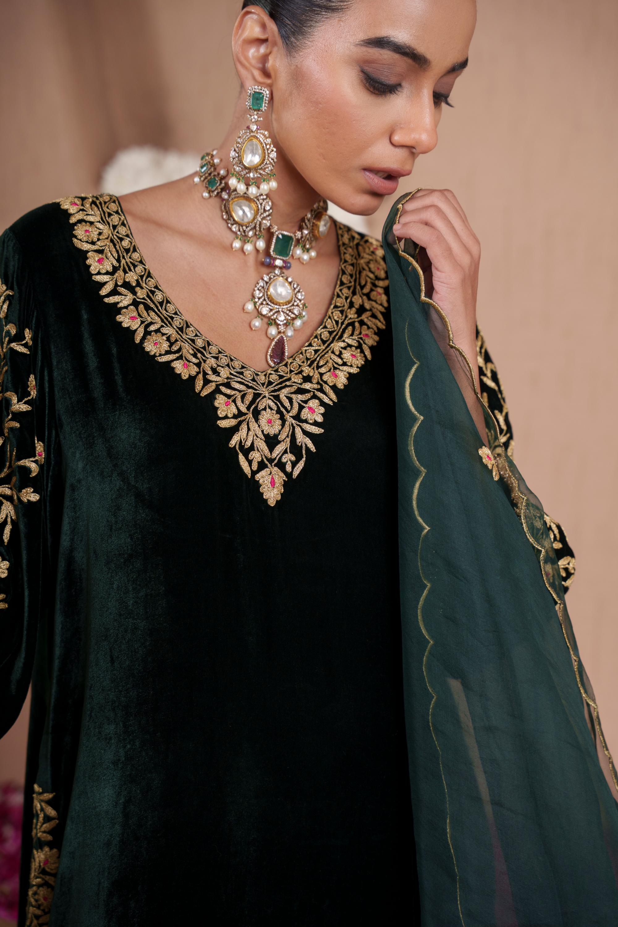 AFREEN: Green Purple Phiran Set