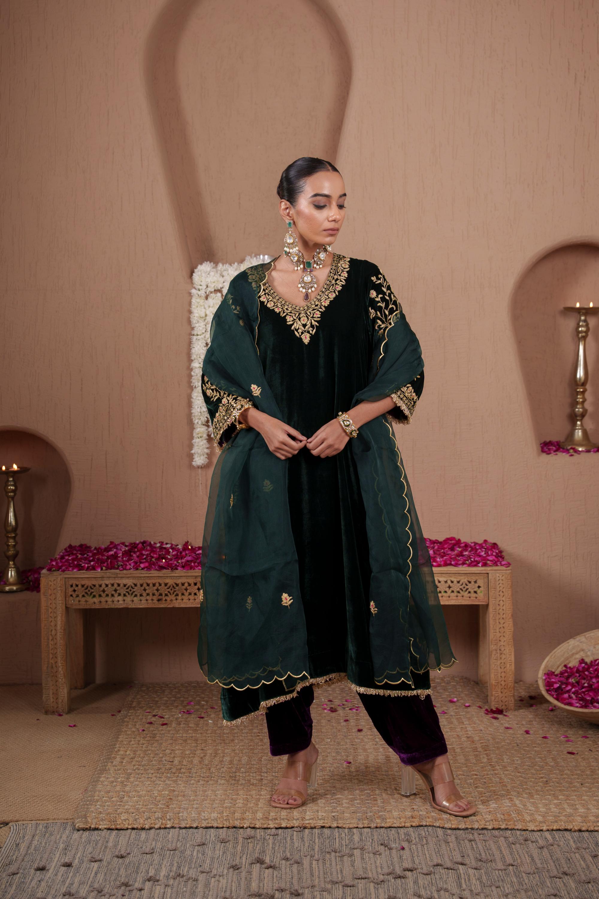 AFREEN: Green Purple Phiran Set