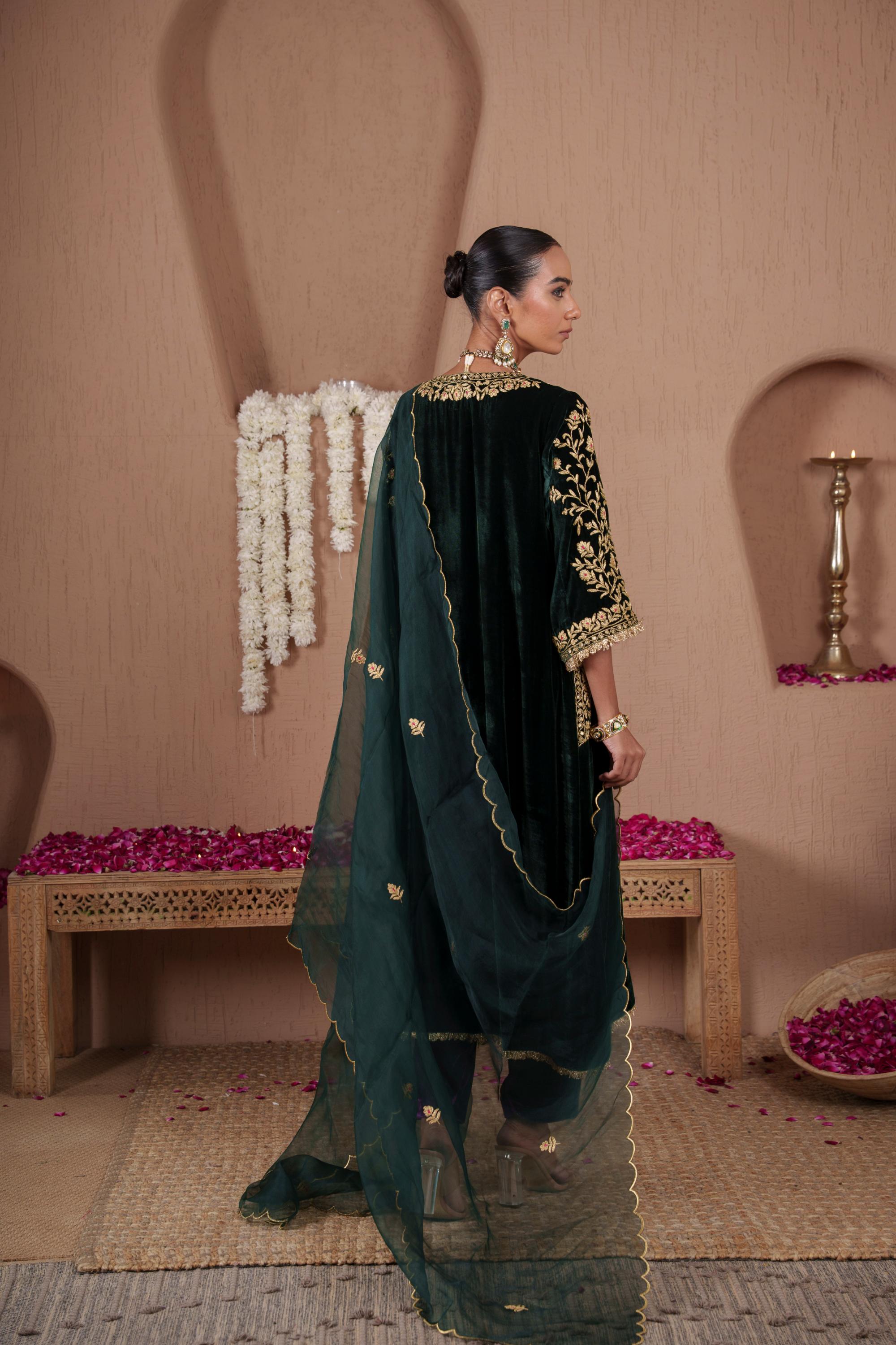 AFREEN: Green Purple Phiran Set