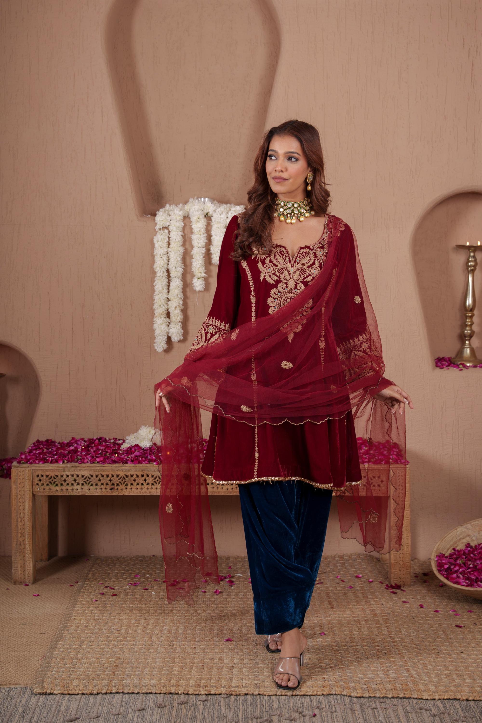 AFREEN: Maroon Teal Farsi Salwar Set