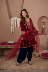 AFREEN: Maroon Teal Farsi Salwar Set