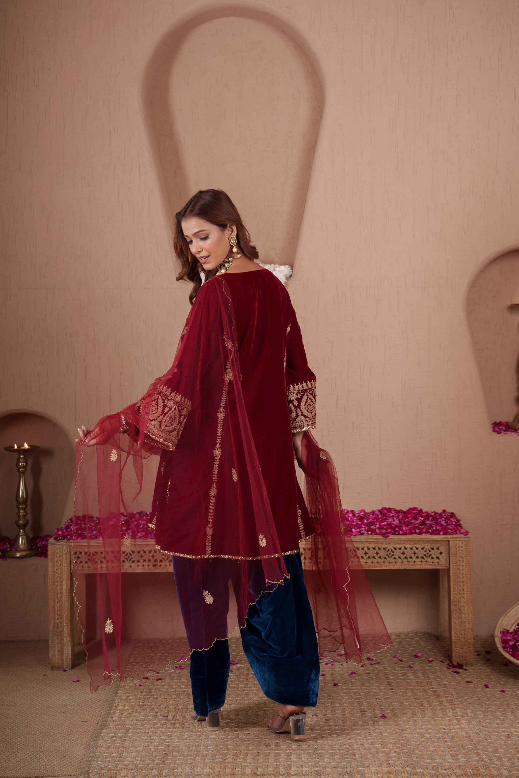 AFREEN: Maroon Teal Farsi Salwar Set