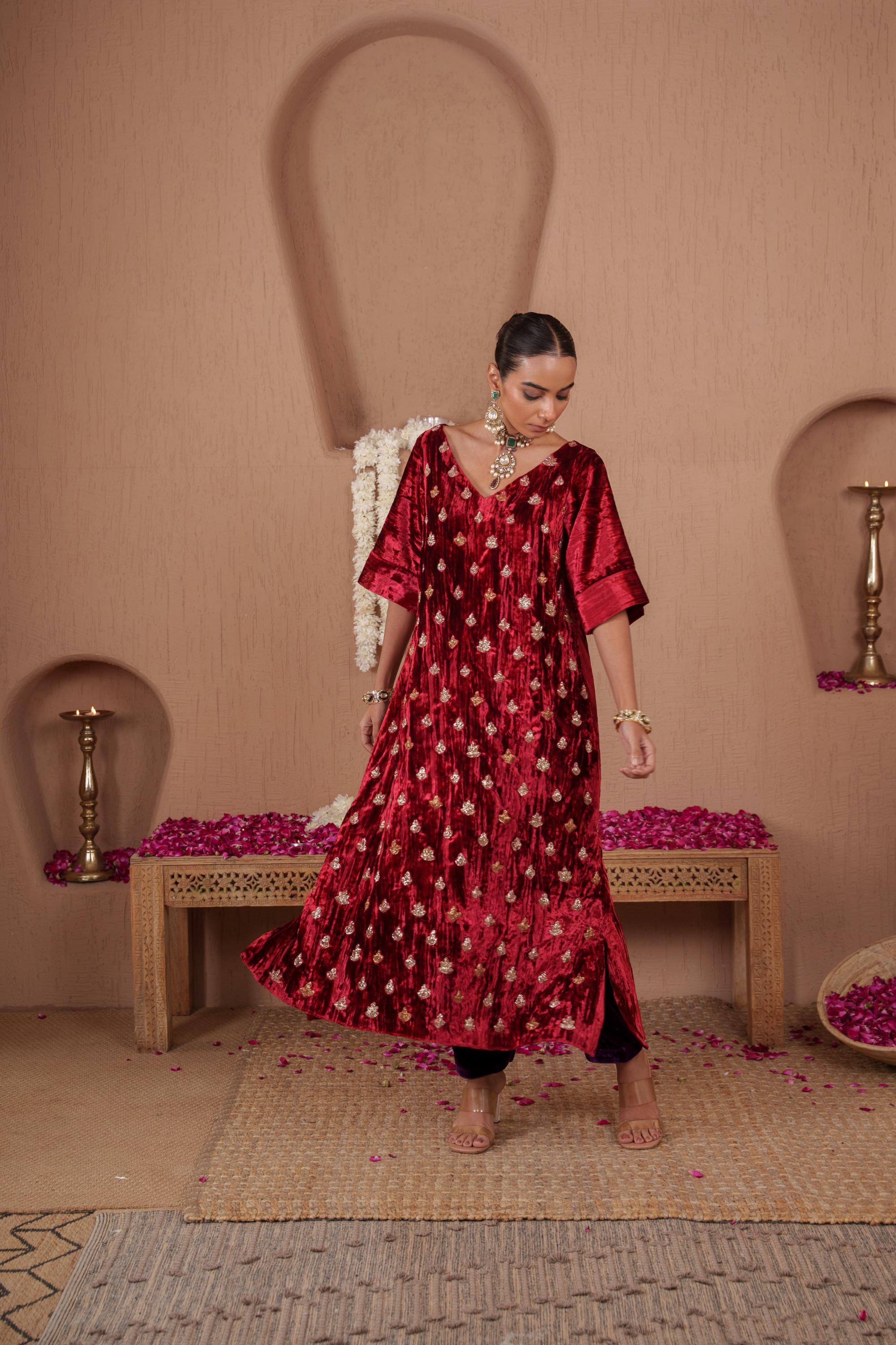 AFREEN: Maroon Purple Embroidered Kaftaan Salwar Set
