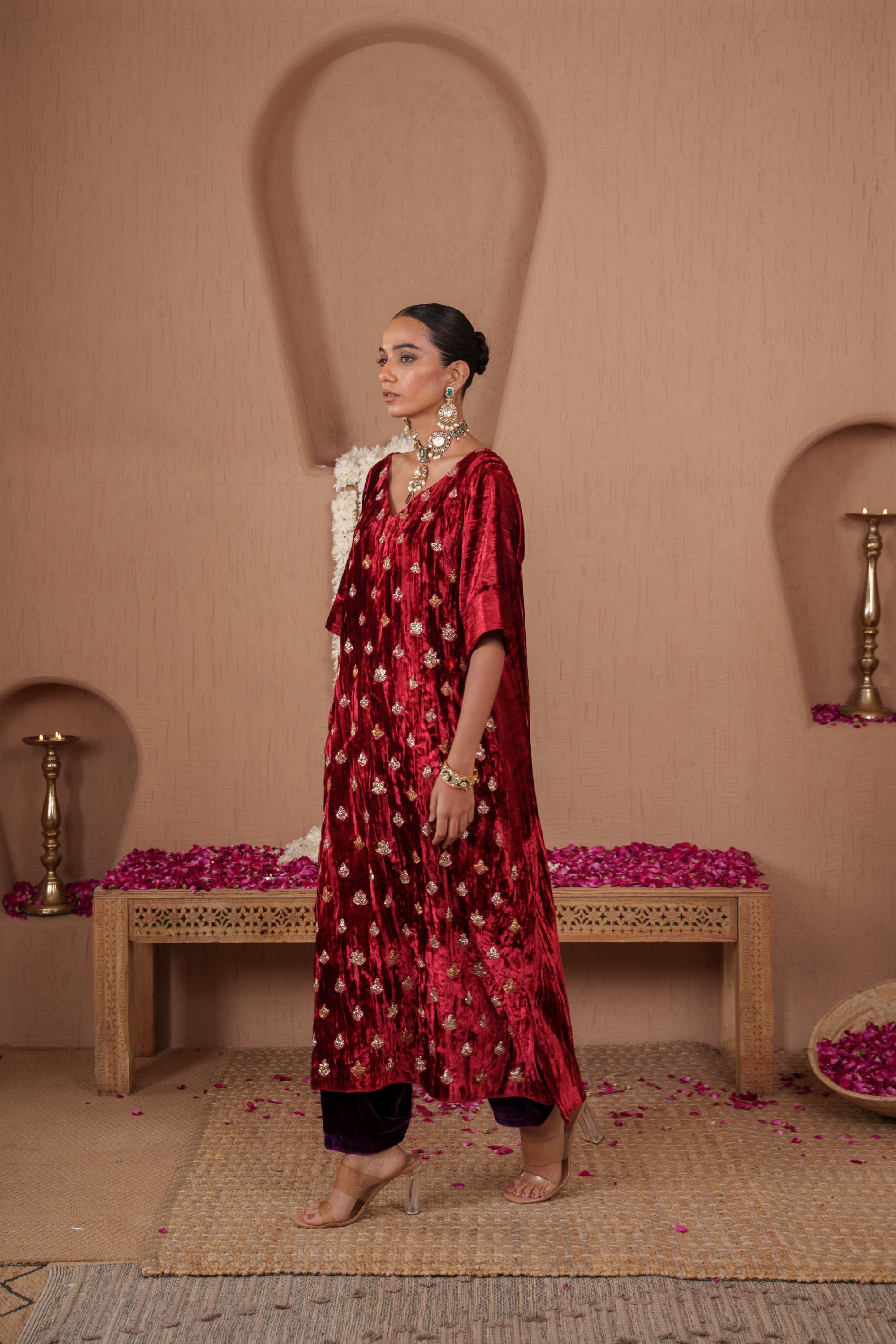 AFREEN: Maroon Purple Embroidered Kaftaan Salwar Set