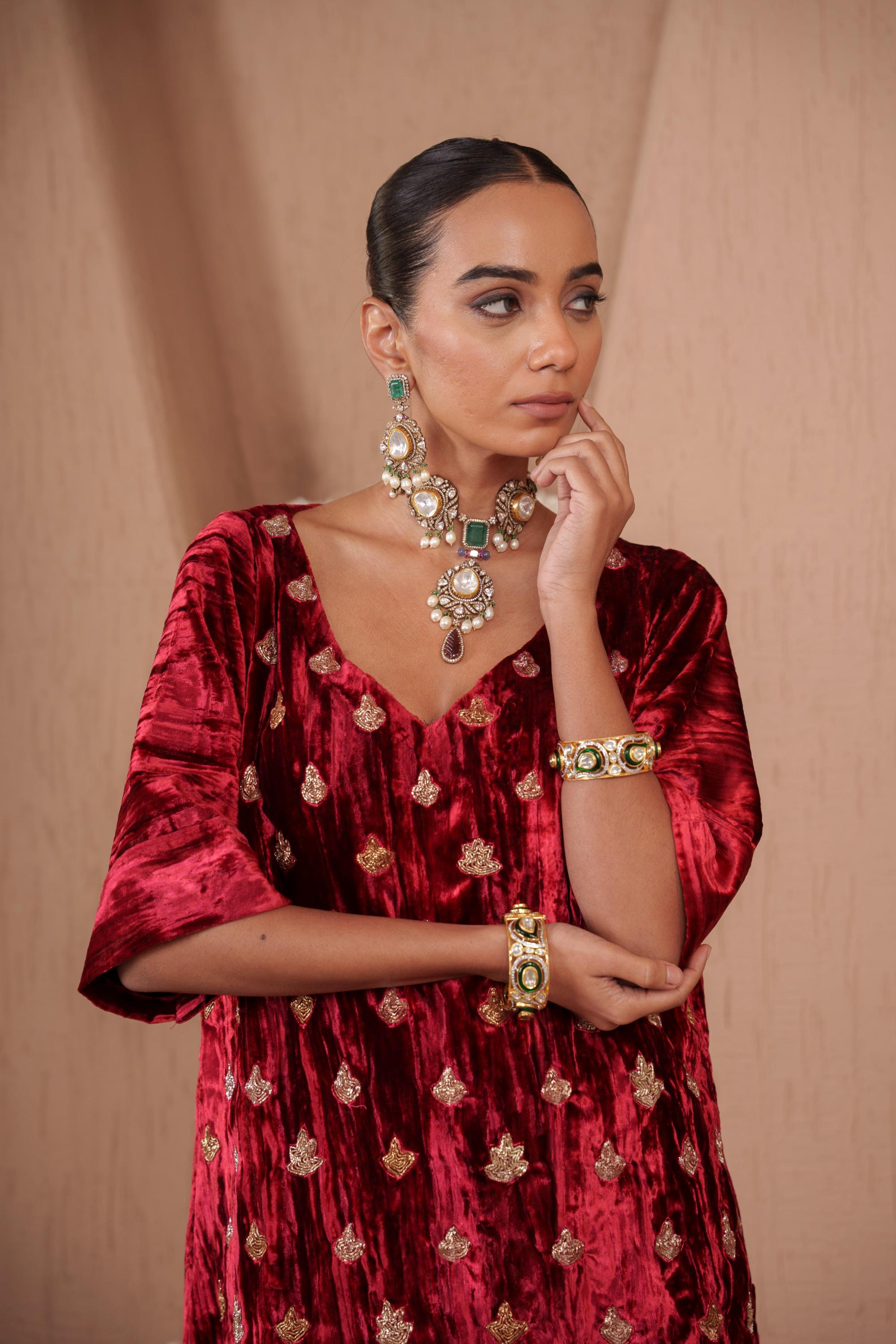 AFREEN: Maroon Purple Embroidered Kaftaan Salwar Set