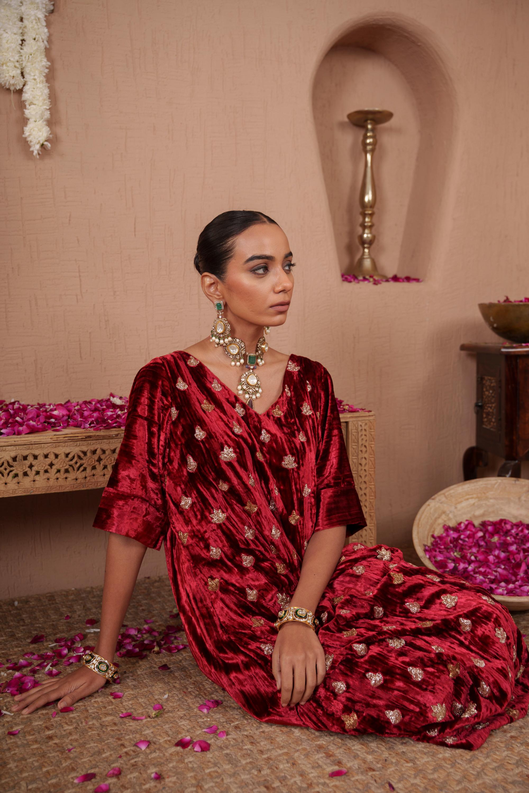 AFREEN: Maroon Purple Embroidered Kaftaan Salwar Set