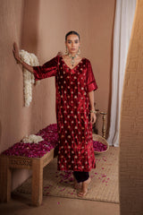 AFREEN: Maroon Purple Embroidered Kaftaan Salwar Set