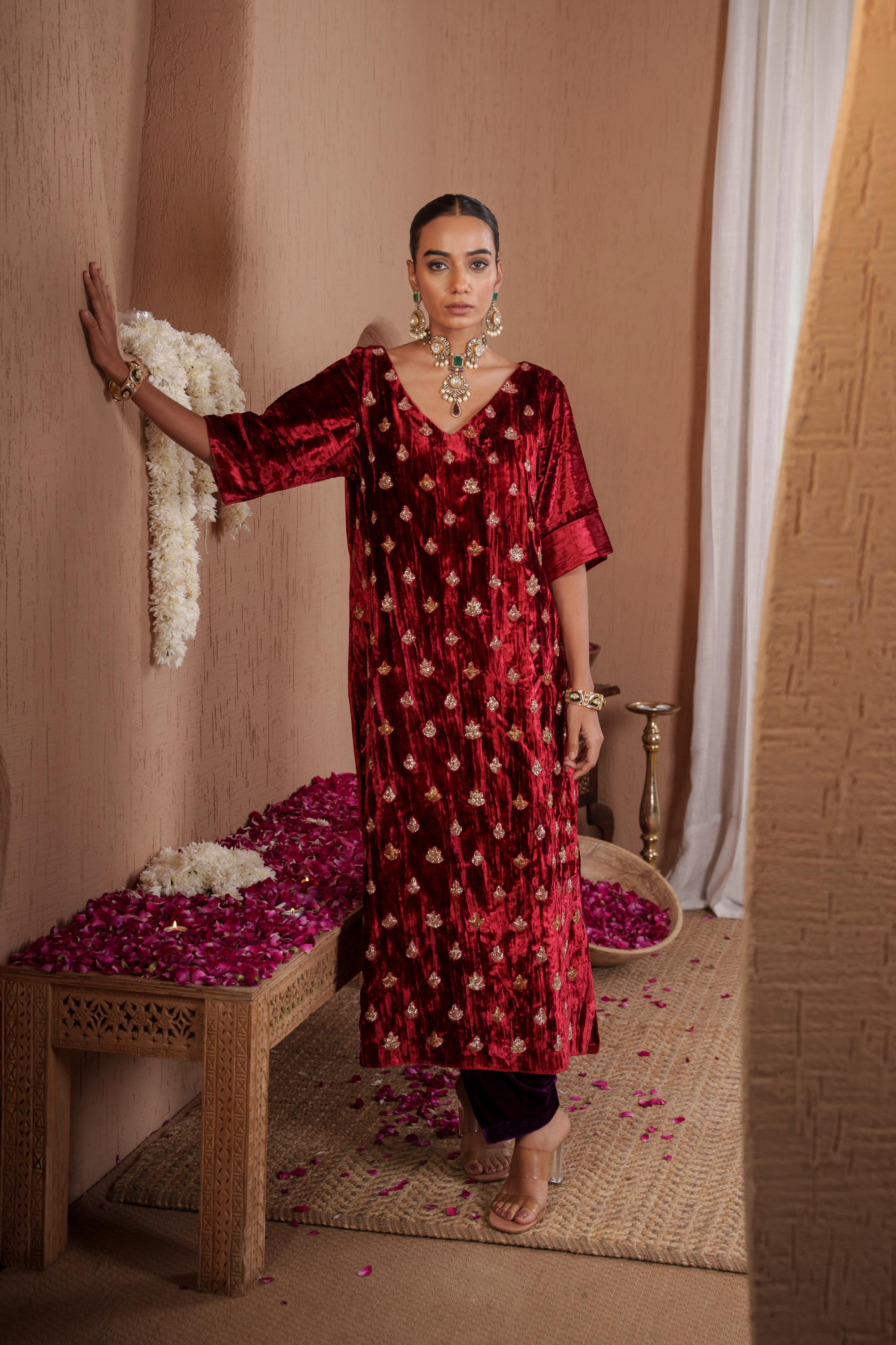AFREEN: Maroon Purple Embroidered Kaftaan Salwar Set