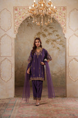 Noorani: Purple Short Embroidered Kurta with Salwar & Dupatta