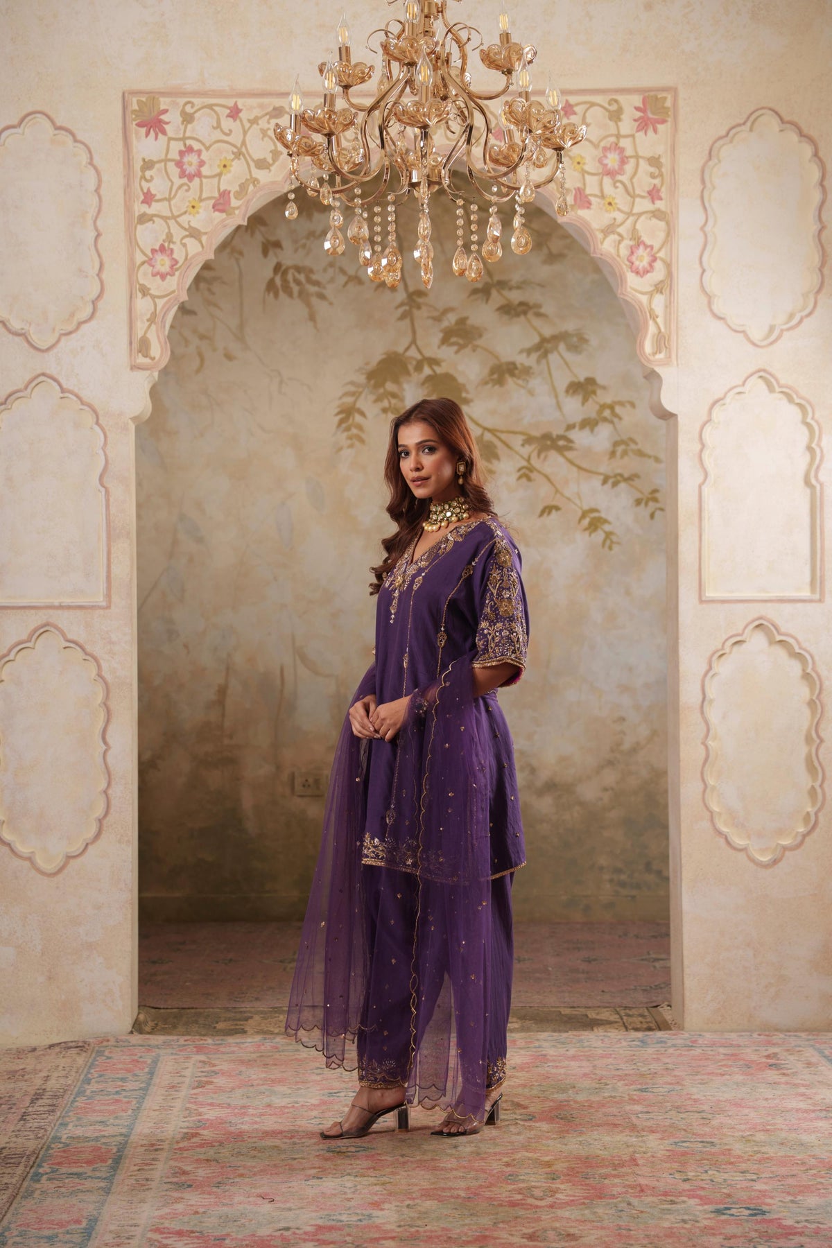 Noorani: Purple Short Embroidered Kurta with Salwar & Dupatta