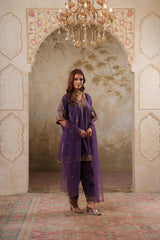 Noorani: Purple Short Embroidered Kurta with Salwar & Dupatta