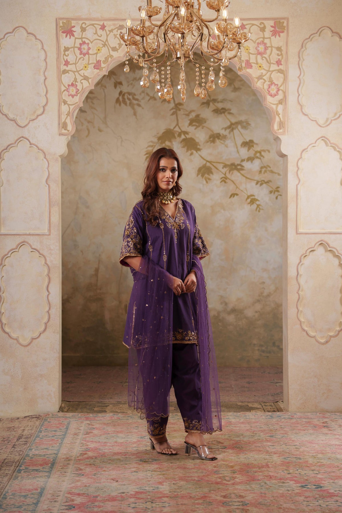 Noorani: Purple Short Embroidered Kurta with Salwar & Dupatta