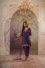 Noorani: Purple Short Embroidered Kurta with Salwar & Dupatta