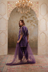 Noorani: Purple Short Embroidered Kurta with Salwar & Dupatta