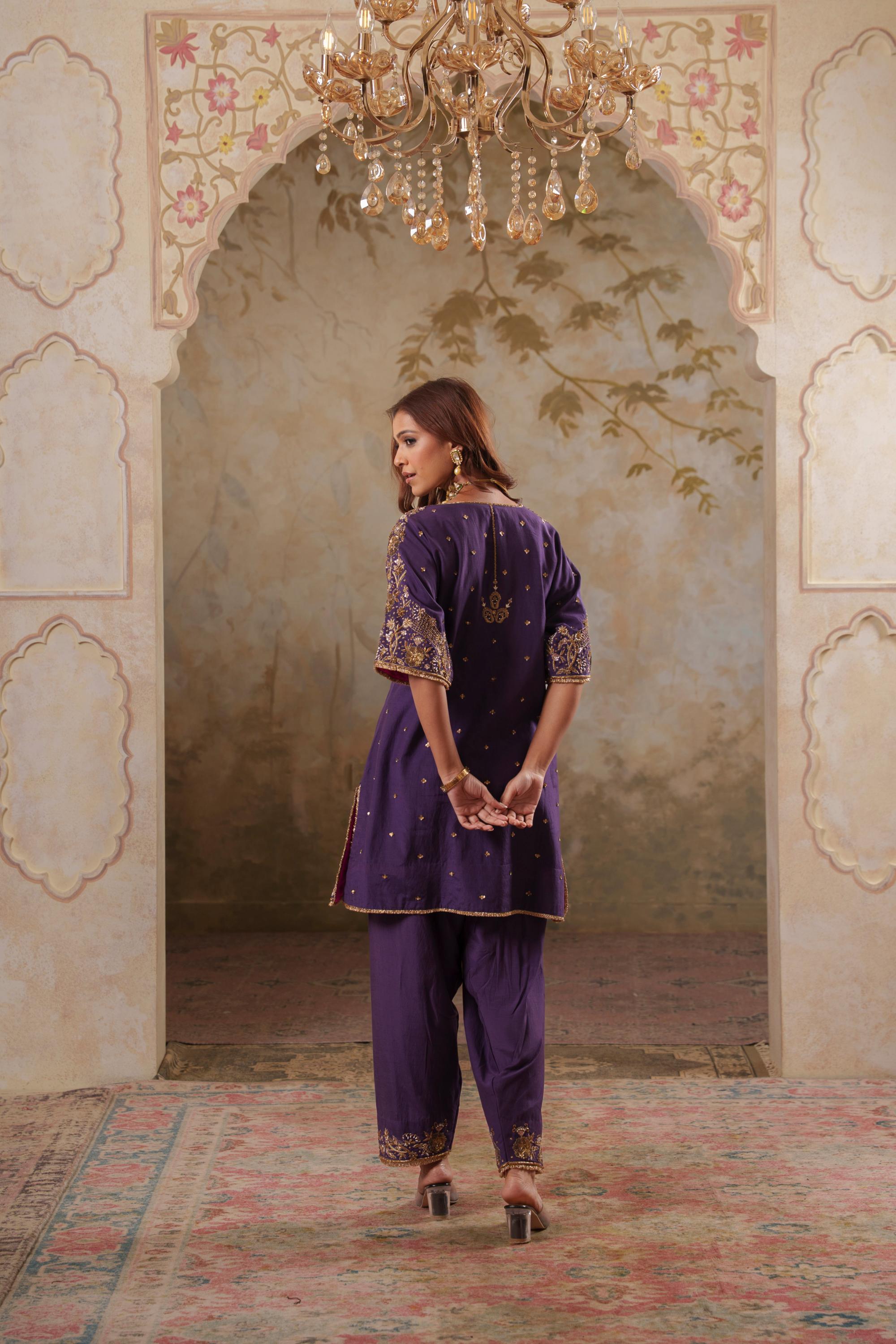 Noorani: Purple Short Embroidered Kurta with Salwar & Dupatta