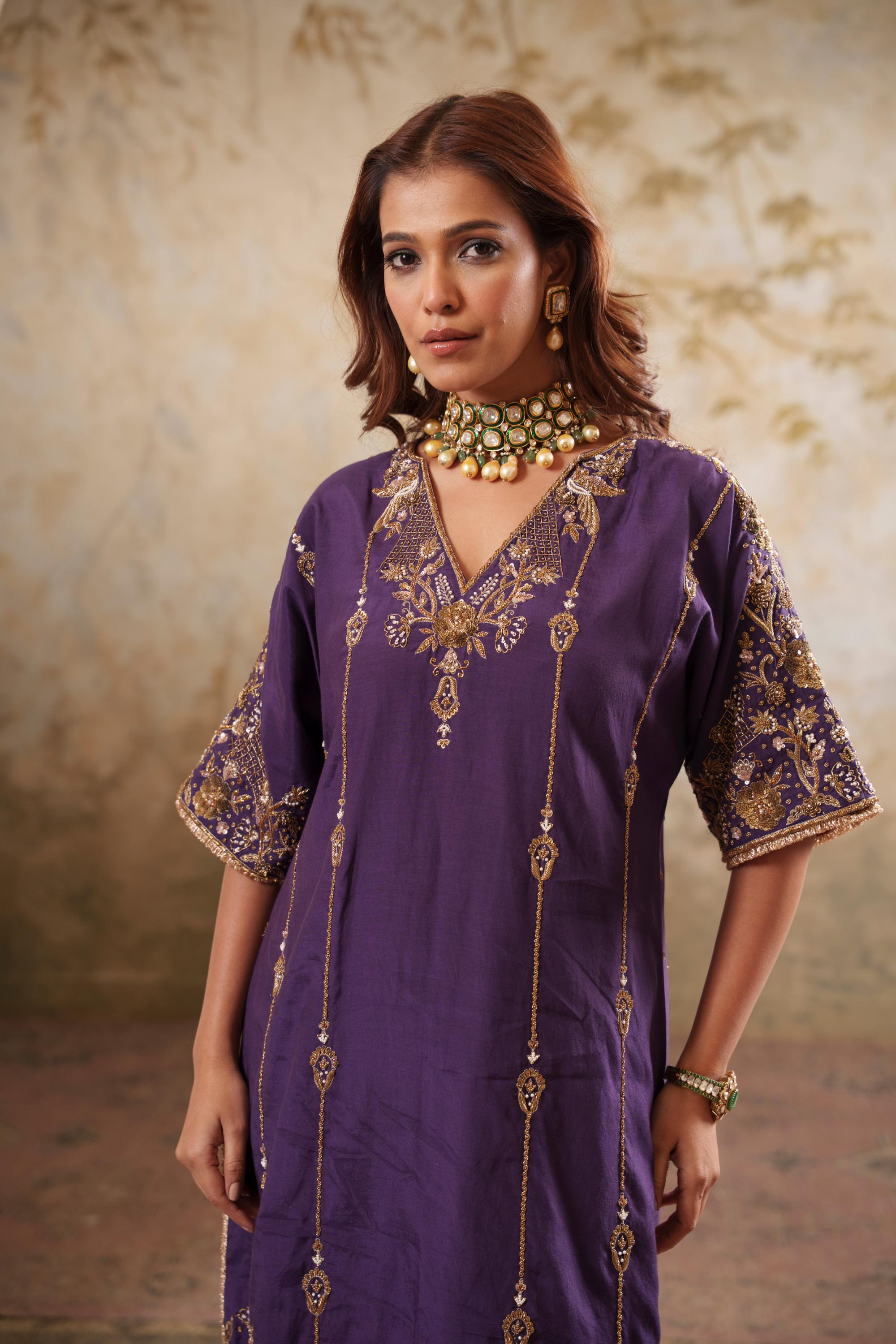 Noorani: Purple Short Embroidered Kurta with Salwar & Dupatta